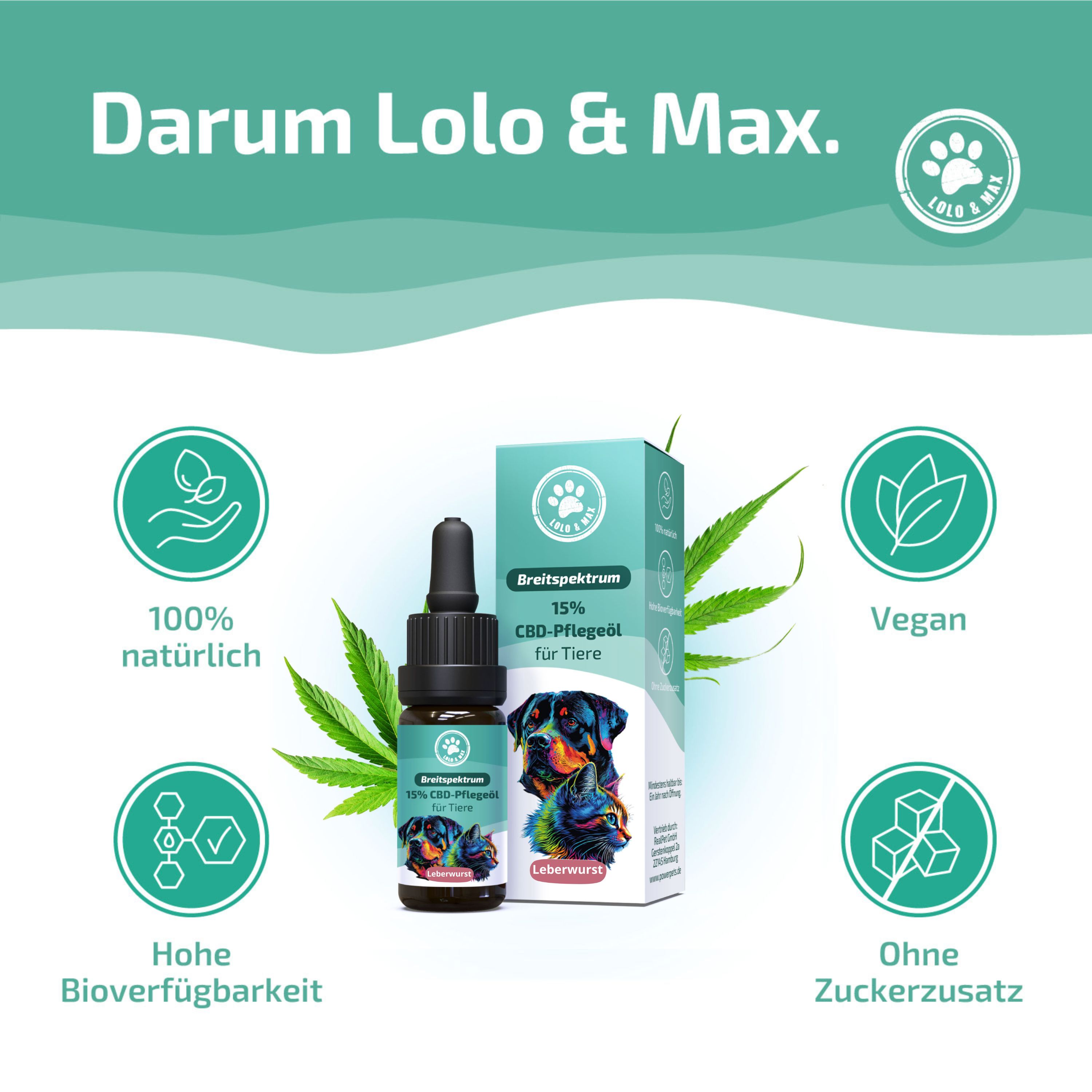 Produktabbildung mit Logos und Text. Text: 100% natürlich, Vegan, Hohe Bioverfügbarkeit, Ohne Zuckerzusatz.