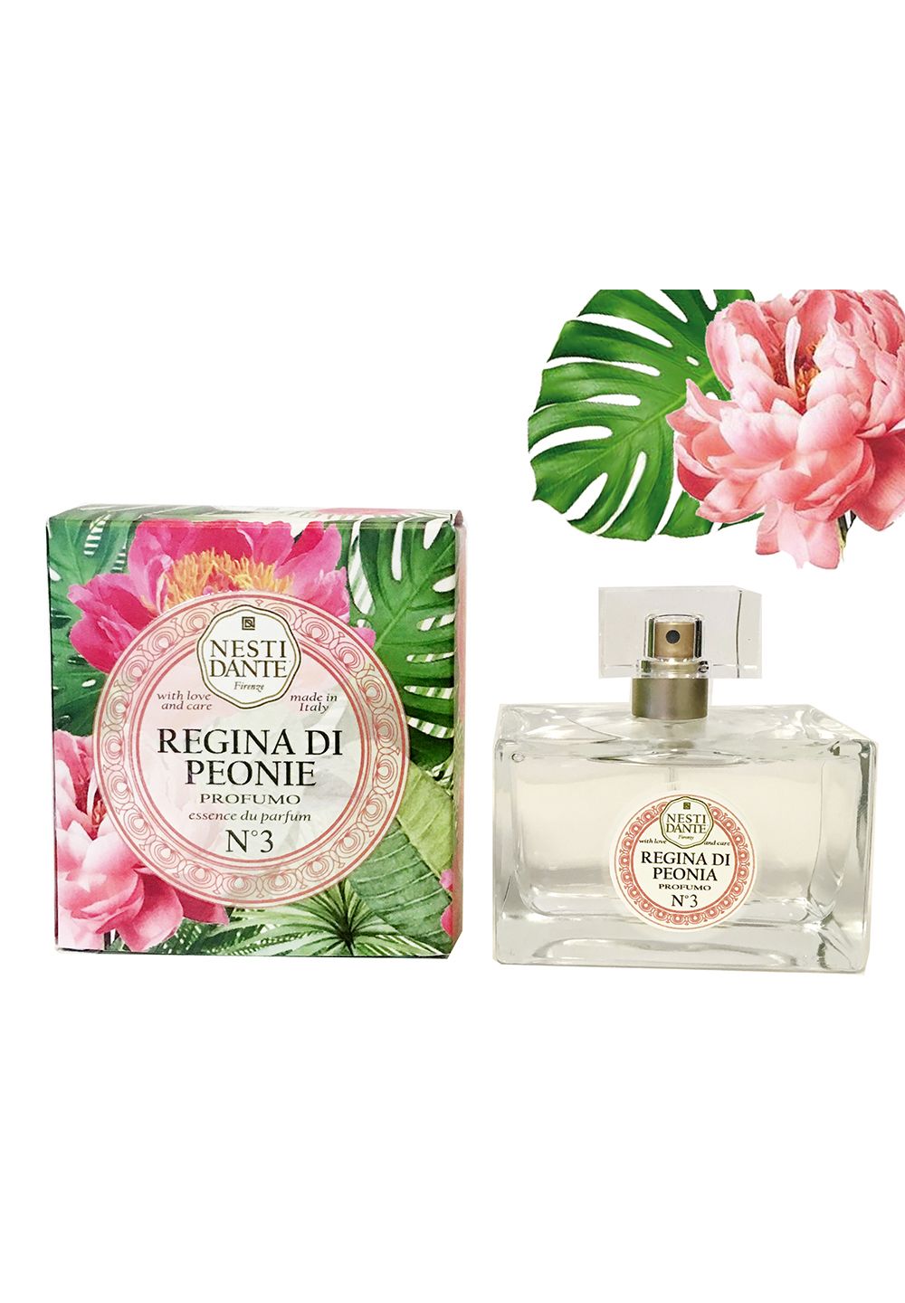 Parfümflakon und Verpackung. Aufschrift: Regina di Peonie, N°3. Florales Design mit Pfingstrosen und Blättern. Transparenter Flakon mit Sprühkopf.