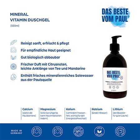 Duschgel-Flasche und Infografik. Aufschrift: Das Beste vom Paul, Mineral Vitamin Duschgel. Inhaltsstoffe, Zertifizierungen.