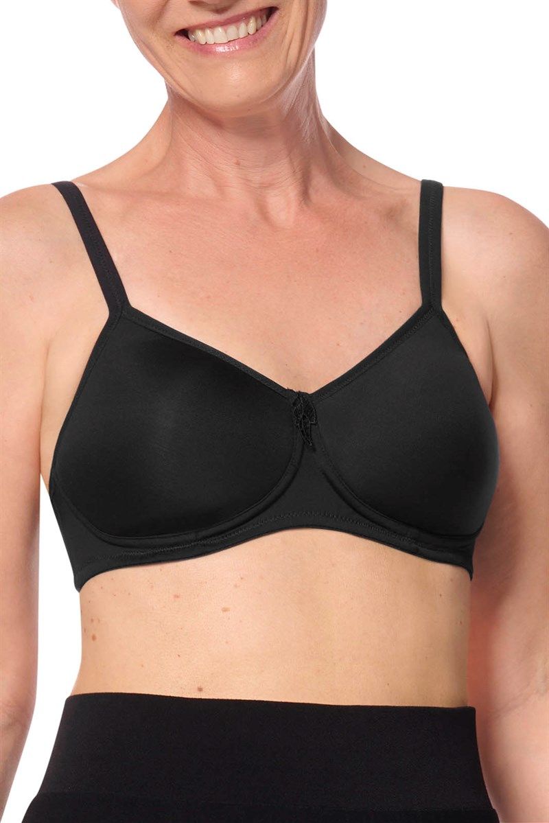 Schwarzer Schalen-BH mit verstellbaren Trägern. Frontansicht einer Frau, die das Produkt trägt. Kleiner Zierknoten zwischen den Cups.