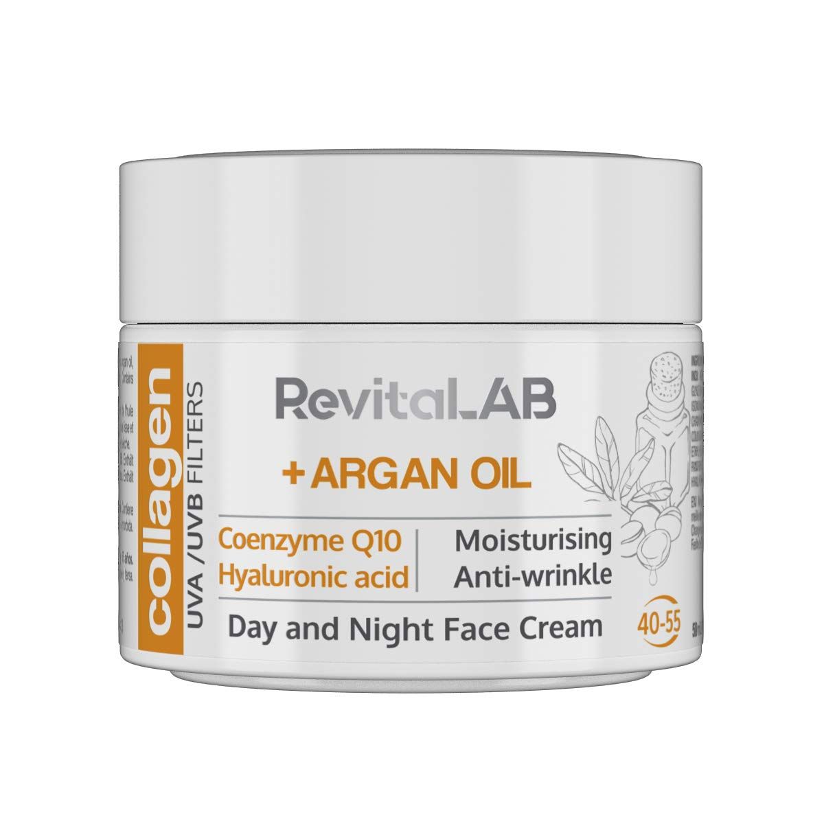Creme-Tiegel mit weißem Deckel. Aufschrift: RevitaLAB + ARGAN OIL, Collagen, UVA/UVB Filters, Coenzyme Q10, Hyaluronic acid, Day and Night Face Cream.