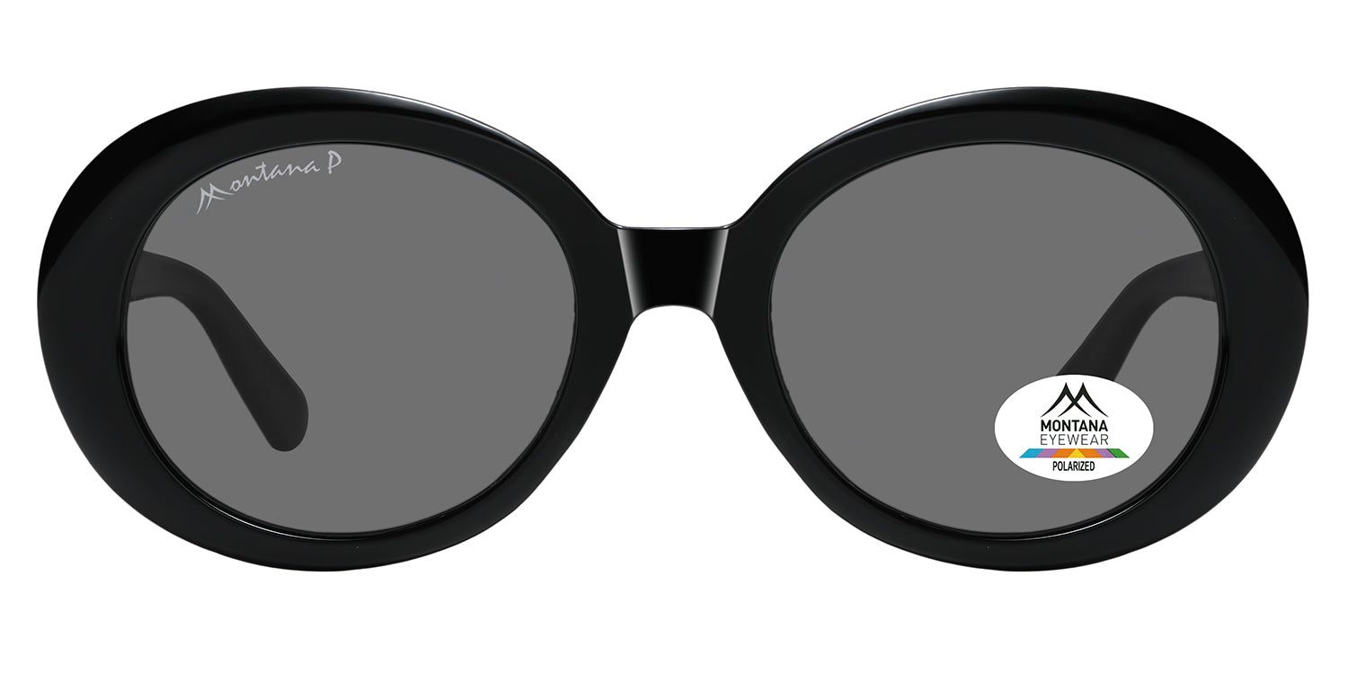 Schwarze Sonnenbrille mit runden Gläsern. Montana Eyewear Logo auf dem Glas und Bügel. Polarisierte Gläser.