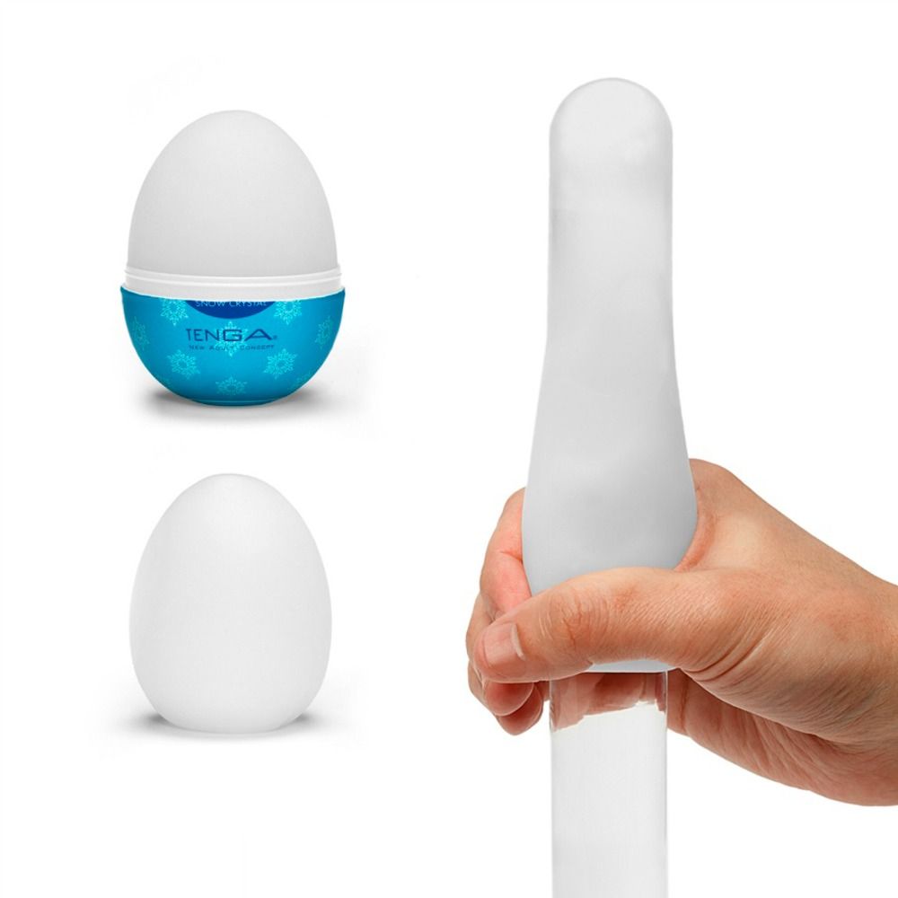 Drei Ansichten des Produkts. Ein Ei mit blauem Boden, ein weißes Ei und ein Produkt in einer Hand.