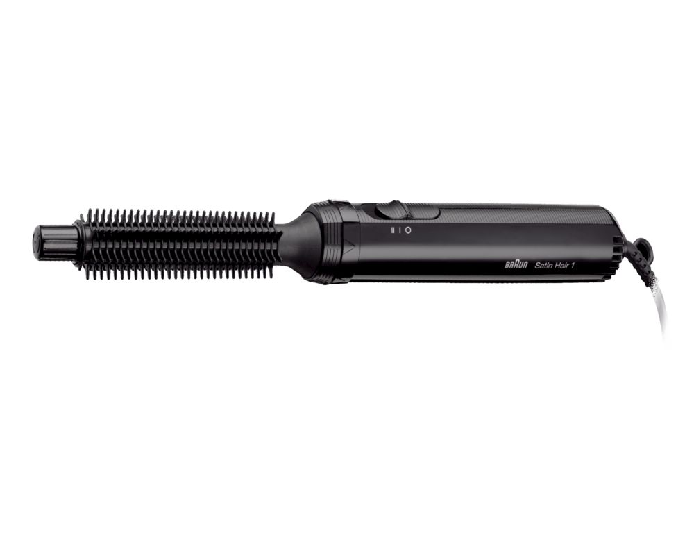 Elektrische Lockenbürste, schwarz. Bürstenkopf mit Borsten, Griff mit Schalter und Kabel. Marke: Braun Satin Hair 1.