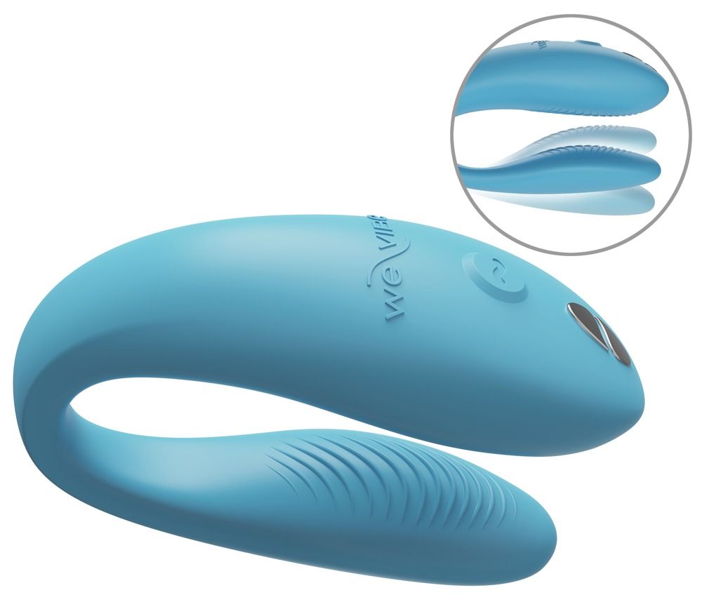 Türkisfarbener We-Vibe Sync Go. U-förmiges Design mit geriffelten Oberflächen. Detailansicht der Bedienelemente.