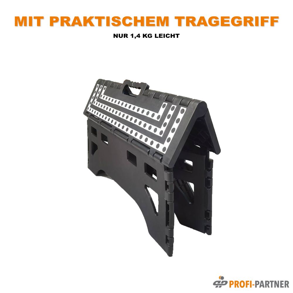 Maße eines ausgeklappten und zusammengeklappten schwarzen Tritthockers XL.