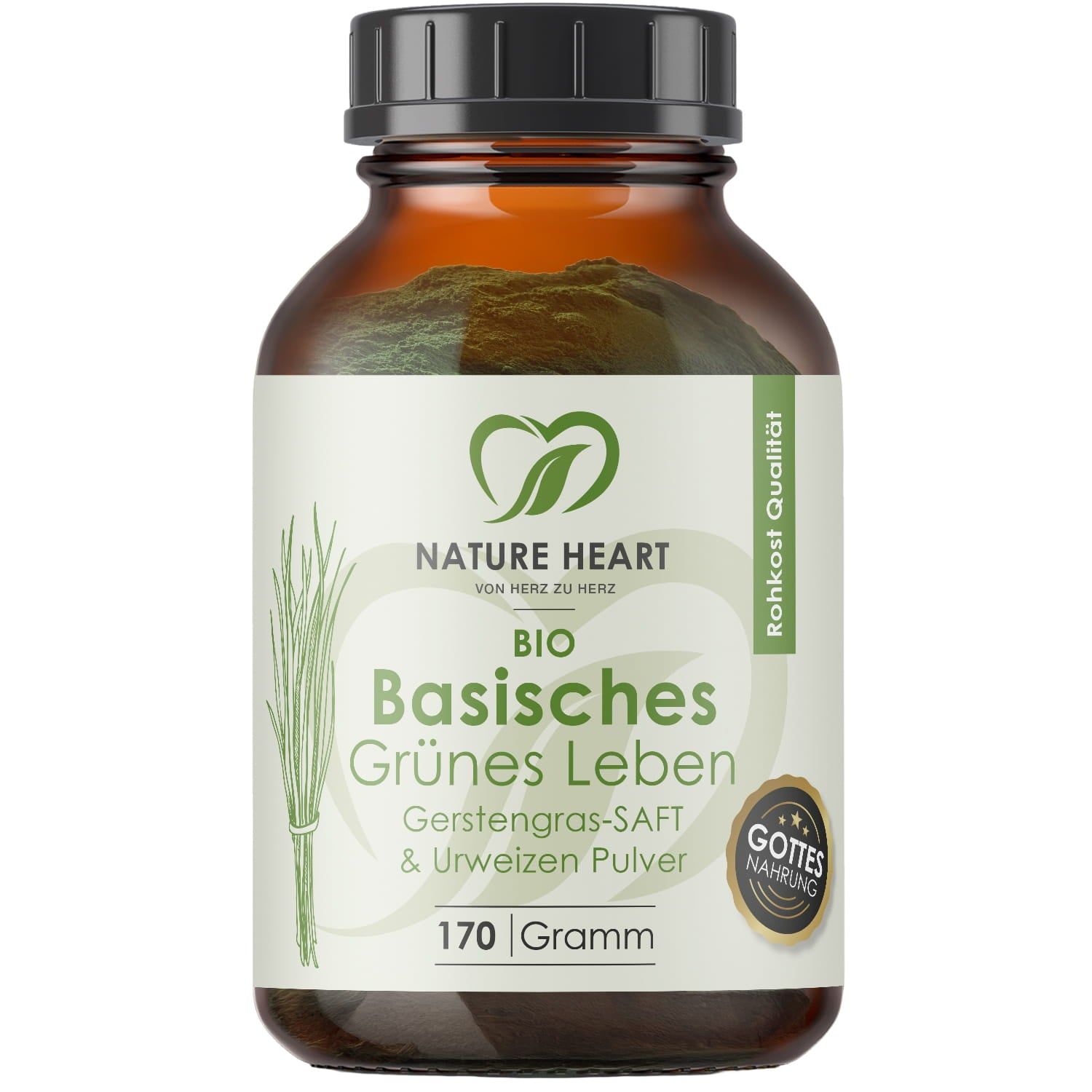 Braune Glasflasche mit schwarzem Deckel. Etikett mit "BIO Basisches Grünes Leben" und "170 Gramm". Siegel "Rohkost Qualität" und "Gottes Nahrung".
