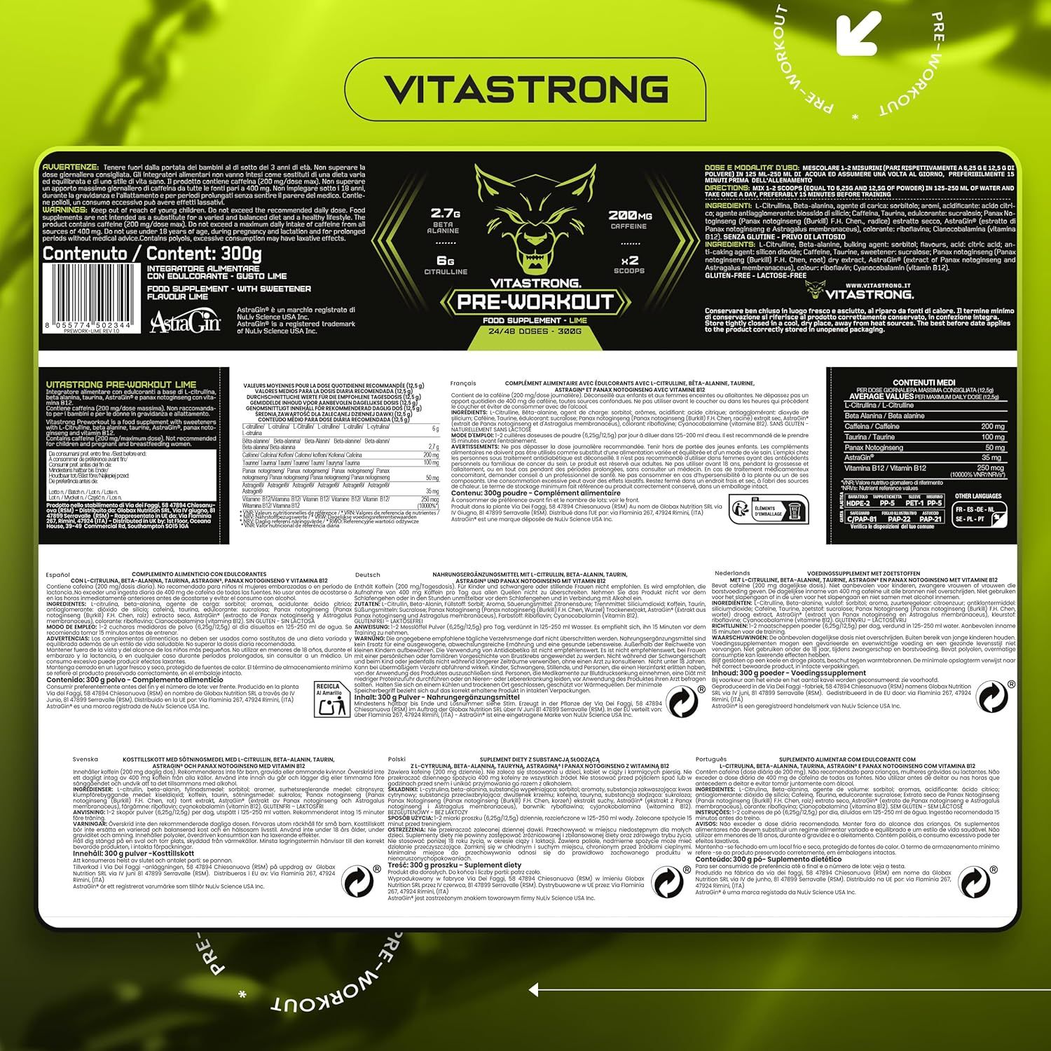 Mehrere Dosen Vitastrong Pre-Workout auf Felsen. Schwarze Dosen mit Wolfslogo. Text: WORKOUT, VITASTORNG.