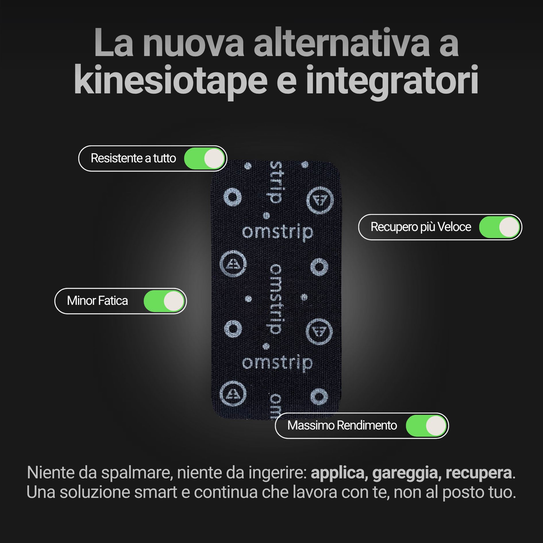 Schwarzes Omstrip-Pflaster mit weißen Punkten und Schriftzug. Text: Resistente a tutto, Minor Fatica, Recupero più Veloce, Massimo Rendimento.
