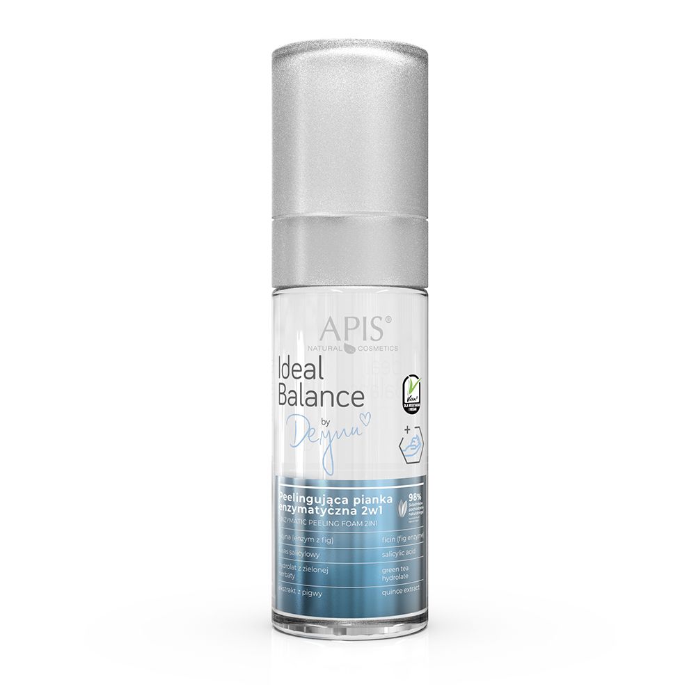 Zylindrische Flasche mit silbernem Deckel. Aufschrift: APIS Ideal Balance Deynn. Text in polnischer Sprache.