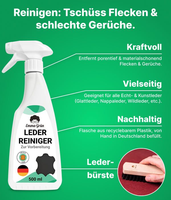 Reiniger von Emma Grün® mit Sprühkopf und Bürste. Text: Reinigen: Tschüss Flecken & schlechte Gerüche. Flasche aus recycelbarem Plastik.