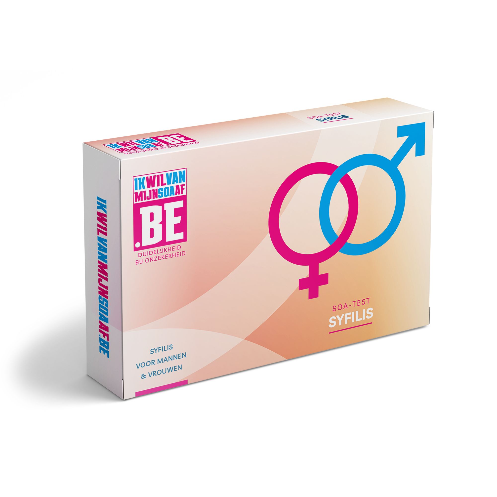 Testpackung mit Symbolen für Mann und Frau. Aufschrift: Syfilis. Für Männer & Frauen. Text: Ik wil van mijn lijf af.