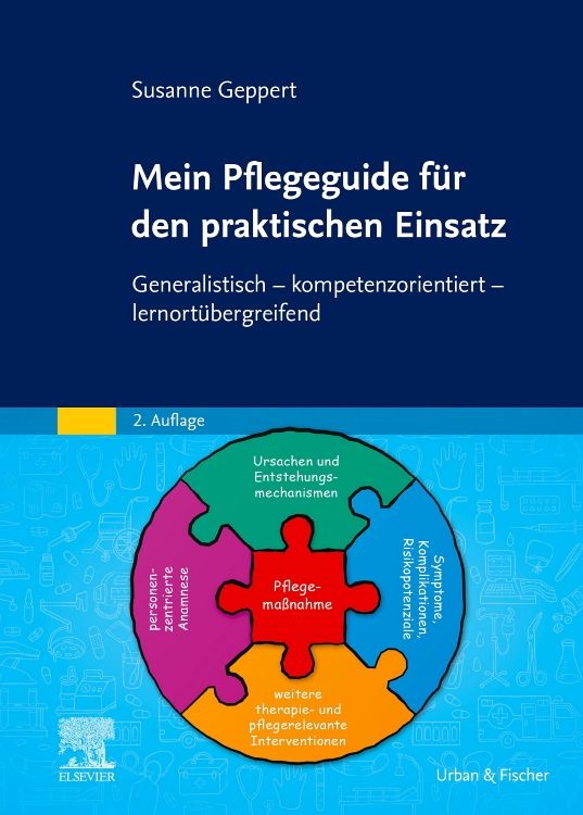 Buchcover: Mein Pflegeguide für den praktischen Einsatz. Autorin: Susanne Geppert. Verlag: Urban & Fischer. Titel in weißer Schrift auf blauem Hintergrund.