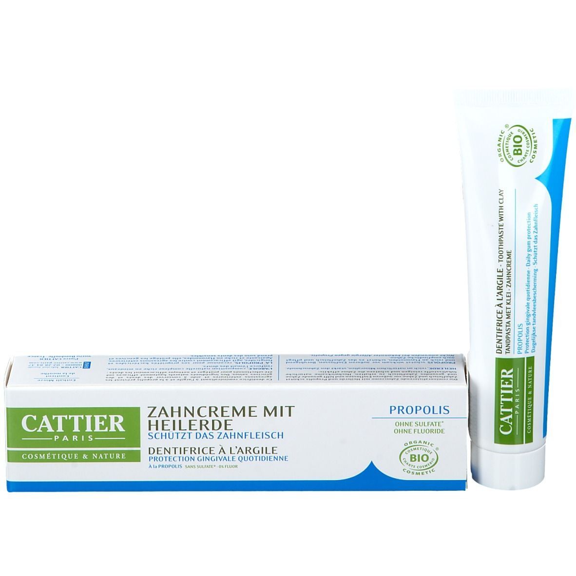 Zahncreme-Schachtel und Tube. Text: CATTIER, Zahncreme mit Heilerde, Propolis, BIO-Siegel.
