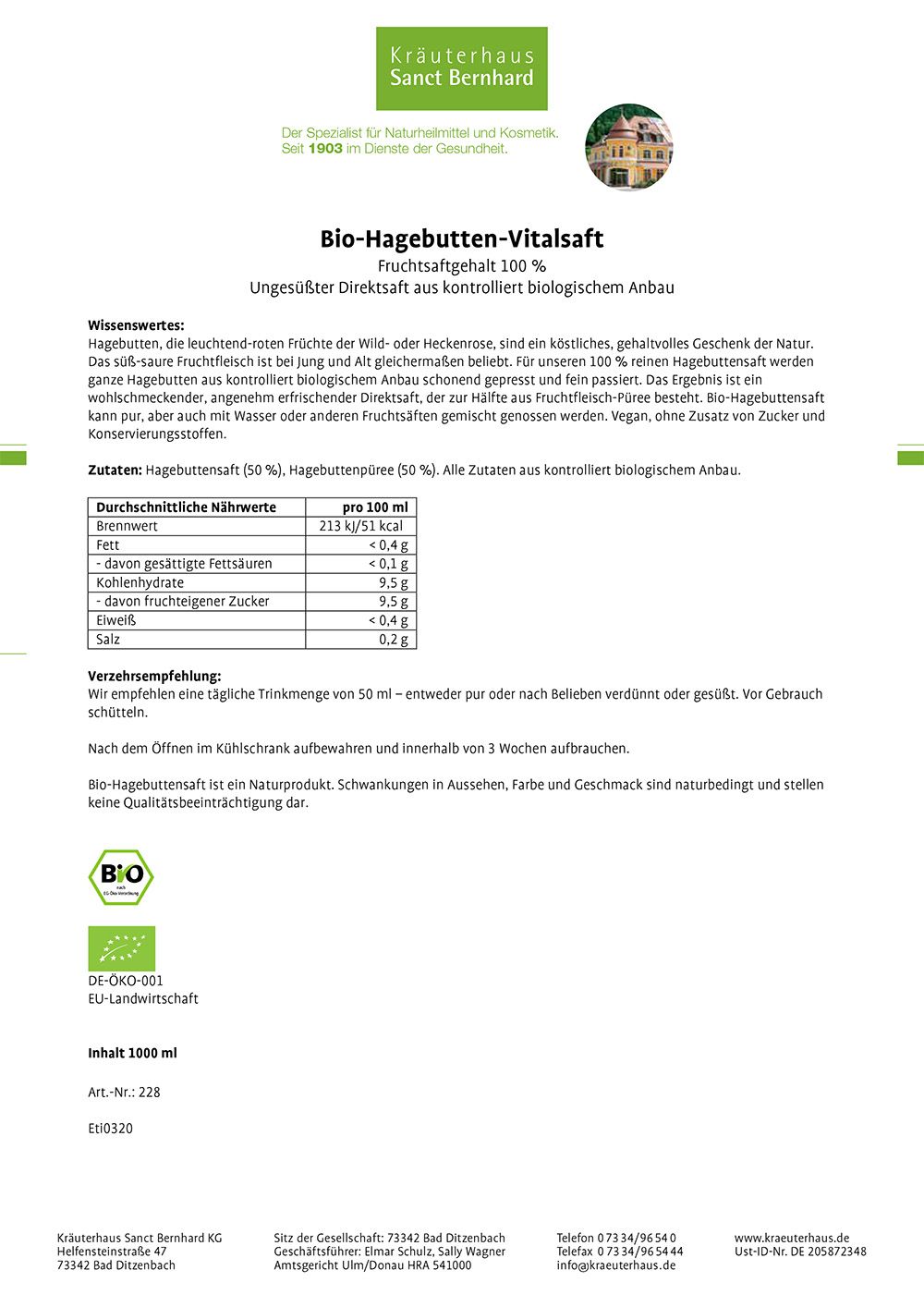 Sanct Bernhard Bio-Hagebutten-Vitalsaft 1 l Saft