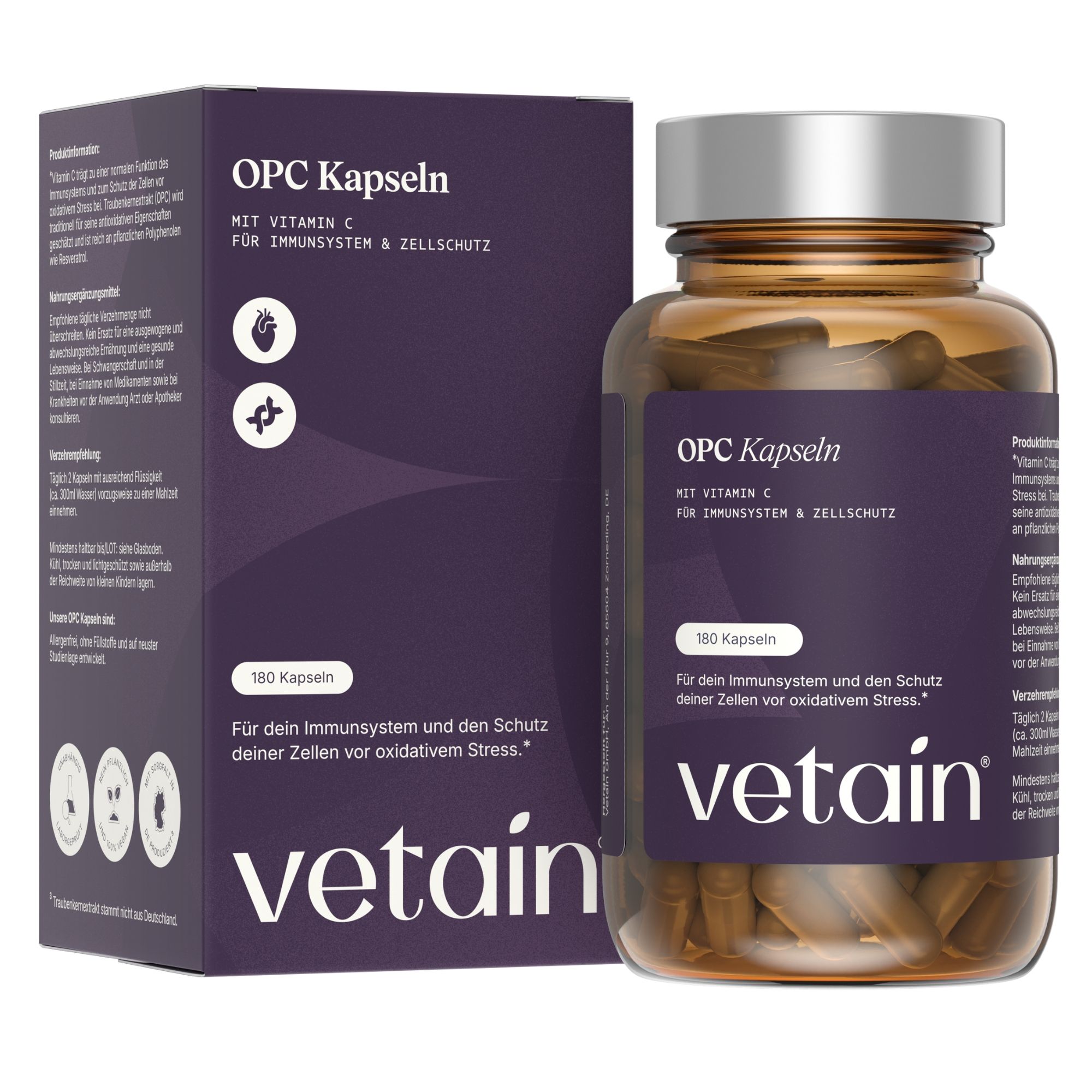Vetain OPC Traubenkernextrakt hochdosiert - mit Vitamin C & Resveratrol vegan laborgeprüft 180 St Kapseln