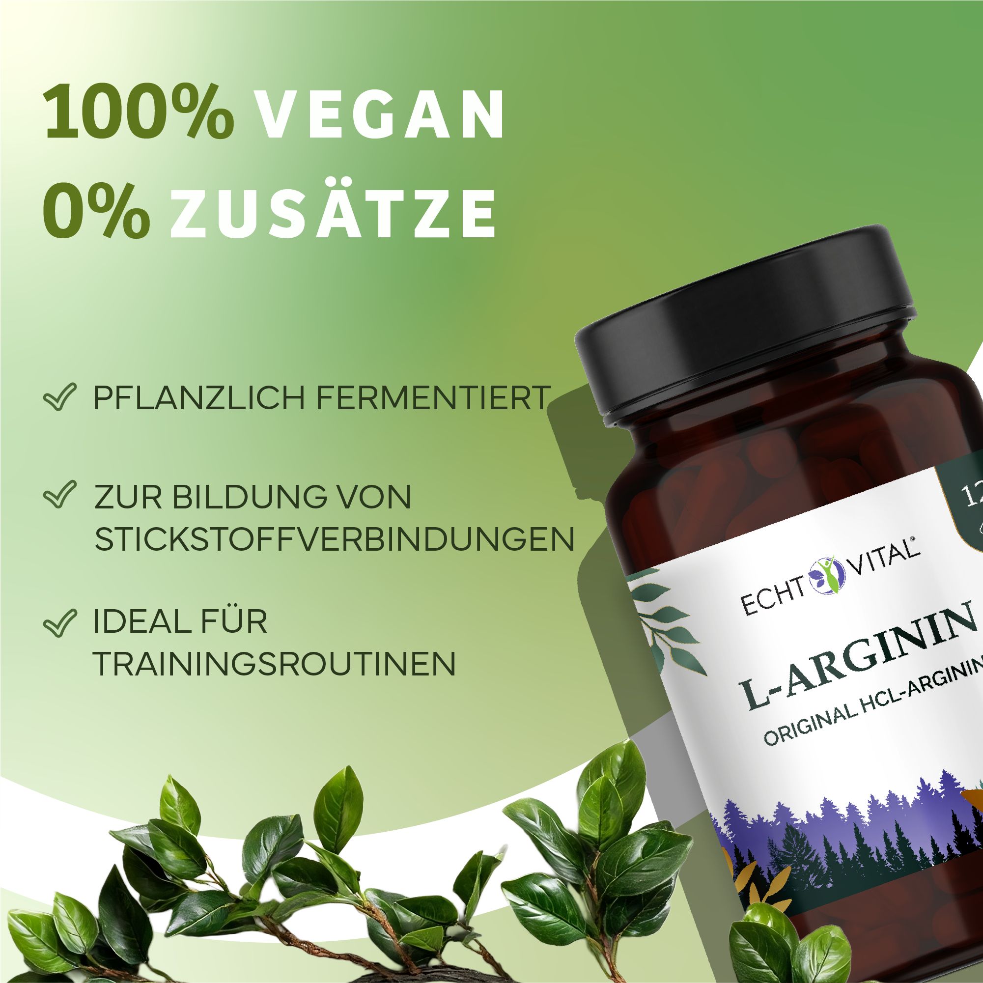 Braune Flasche mit weißem Etikett. Aufschrift: Echt Vital L-Arginin. 100% vegan, 0% Zusätze. Pflanzlich fermentiert.
