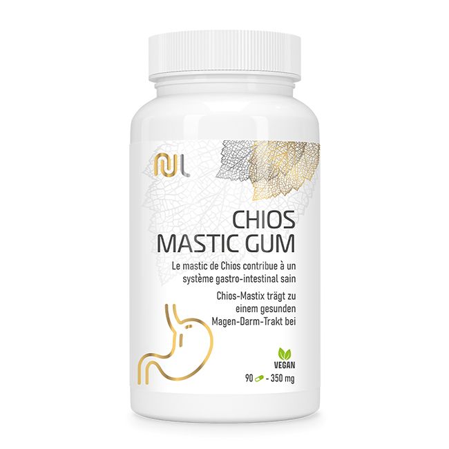 Weiße Flasche mit Aufschrift CHIOS MASTIC GUM. Vegan-Siegel. Darstellung eines Magens. 90 Kapseln.