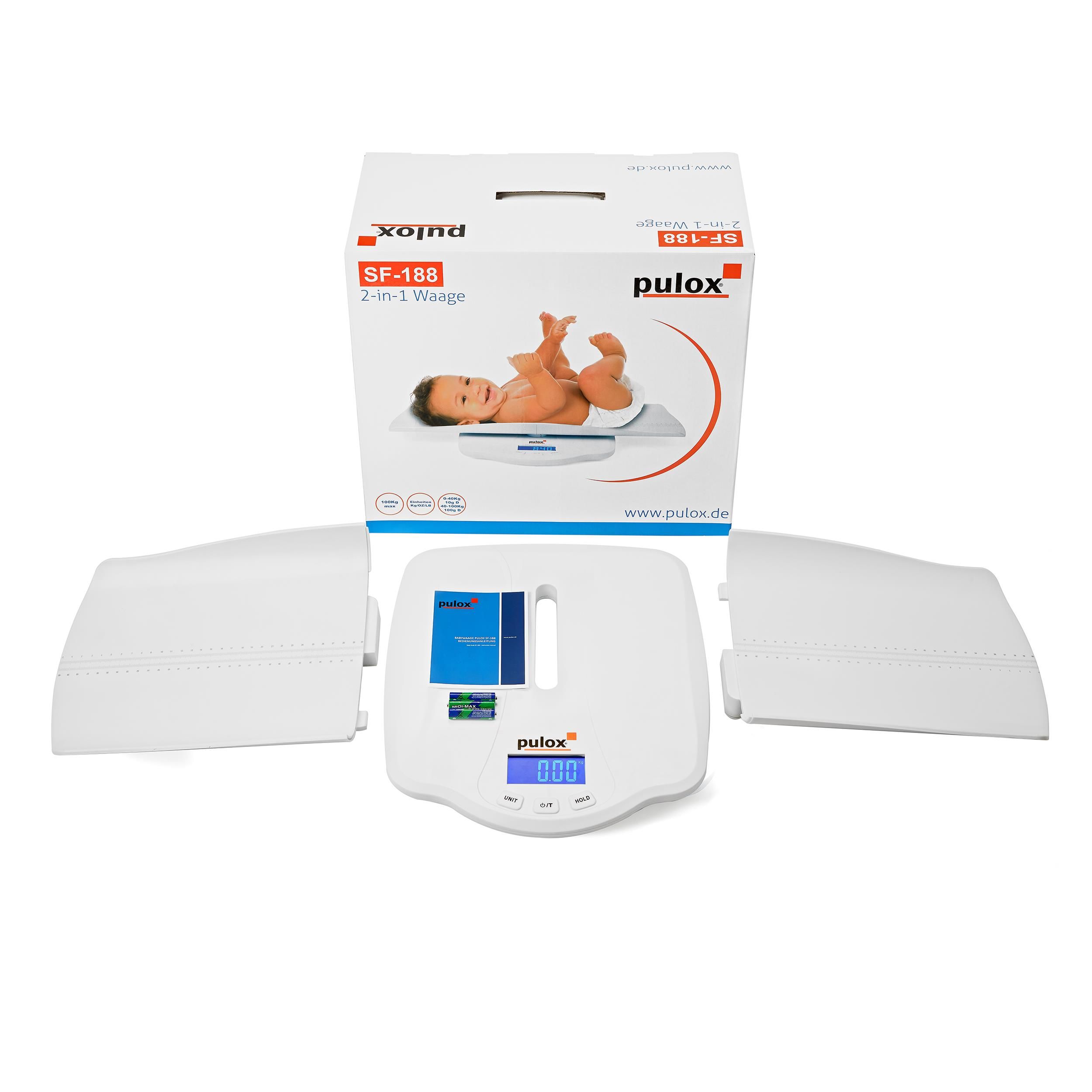 pulox - SF-188 - 2 in 1 digitale Personen- & Babywaage mit abnehmbarer Schale - bis 100 kg - Weiß
