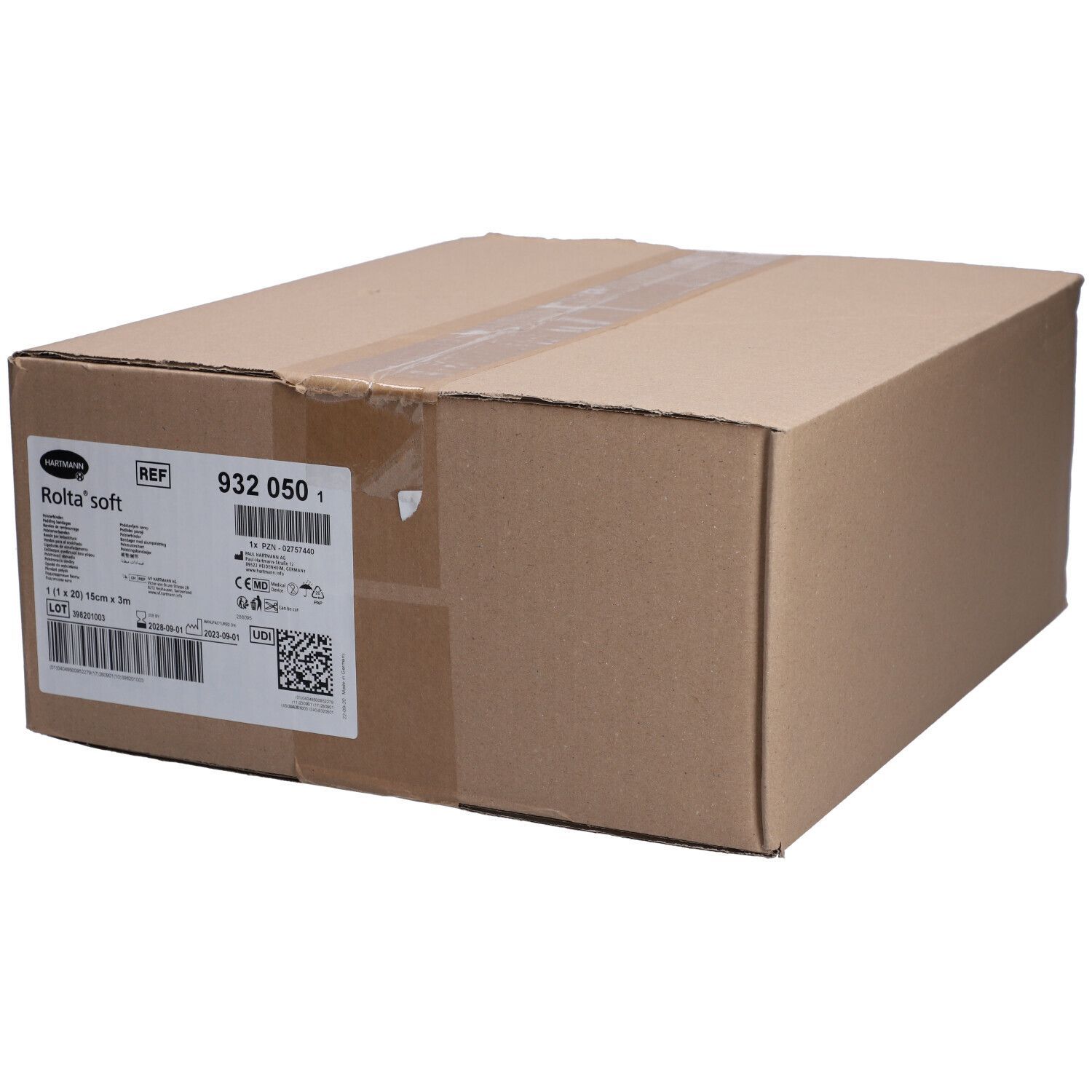 Braune Kartonverpackung mit Aufkleber. Aufkleber mit Produktinformationen und Barcode. Rolta® soft-Logo sichtbar.