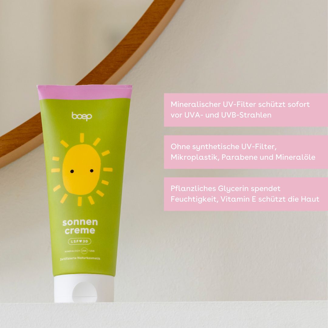Grüne Tube Sonnencreme mit gelber Sonne. Text: Mineralischer UV-Filter, ohne synthetische UV-Filter, pflanzliches Glycerin. Holzrahmen.