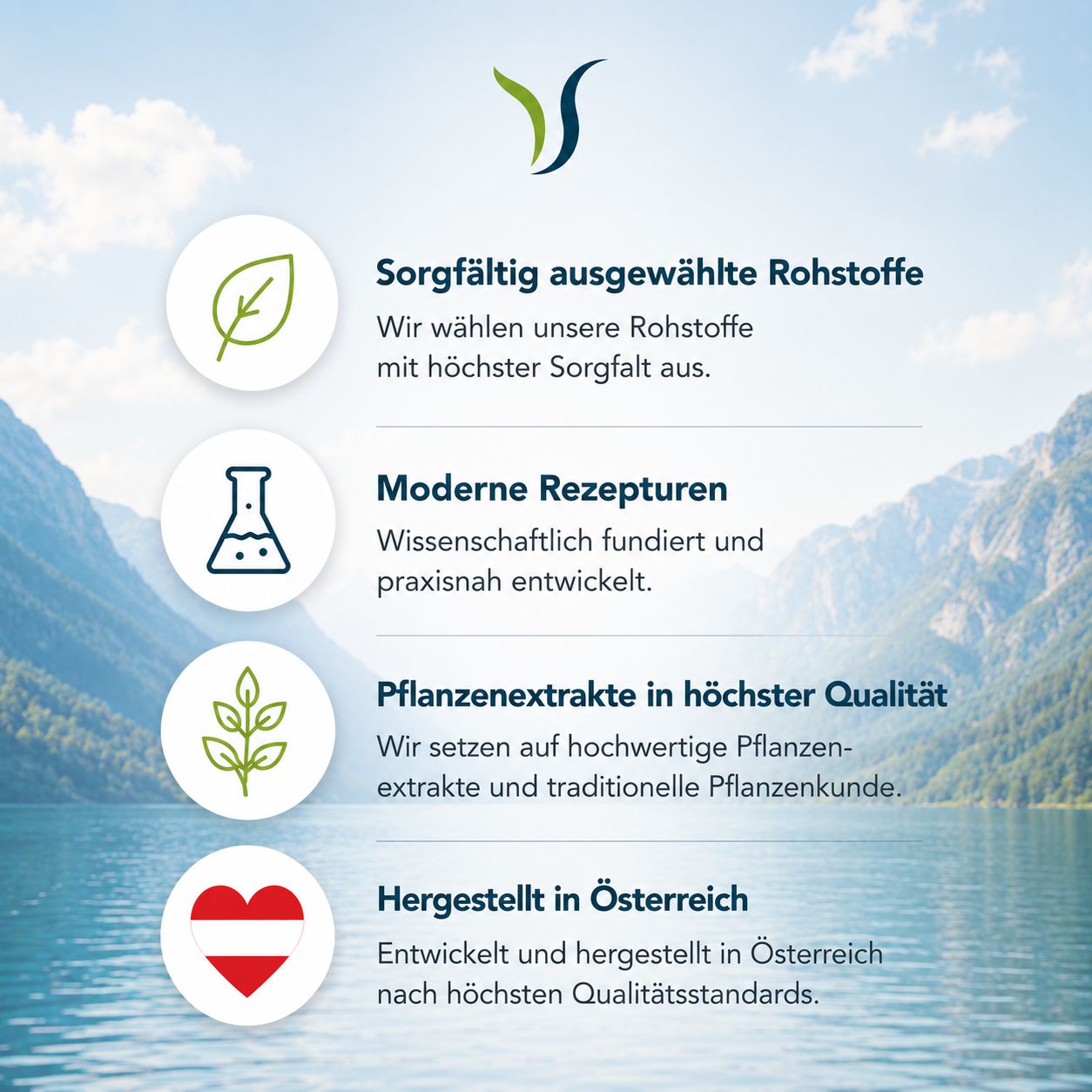 Infografik mit Icons: ausgewählte Rohstoffe, moderne Rezepturen, Pflanzenextrakte, hergestellt in Österreich.