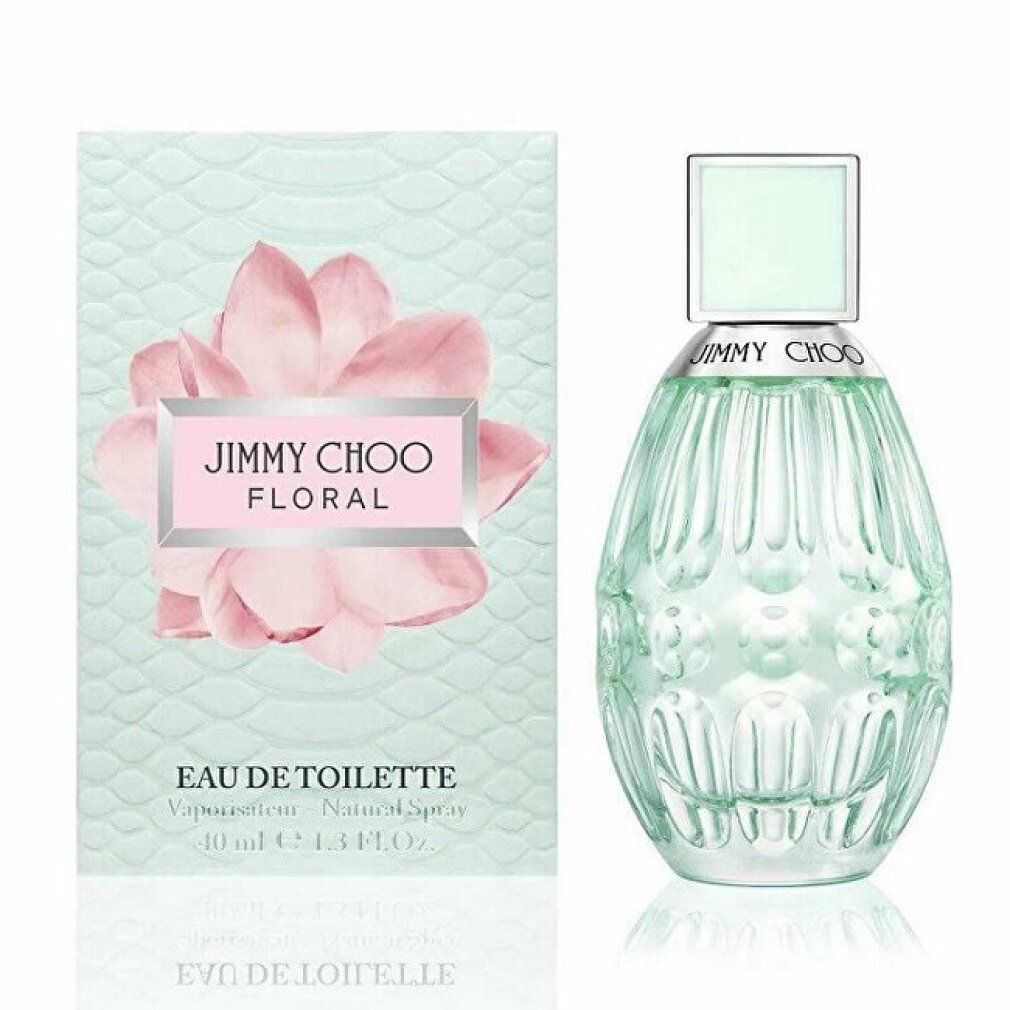 Jimmy Choo Floral Eau de Toilette Flakon und Verpackung mit rosa Blüte.