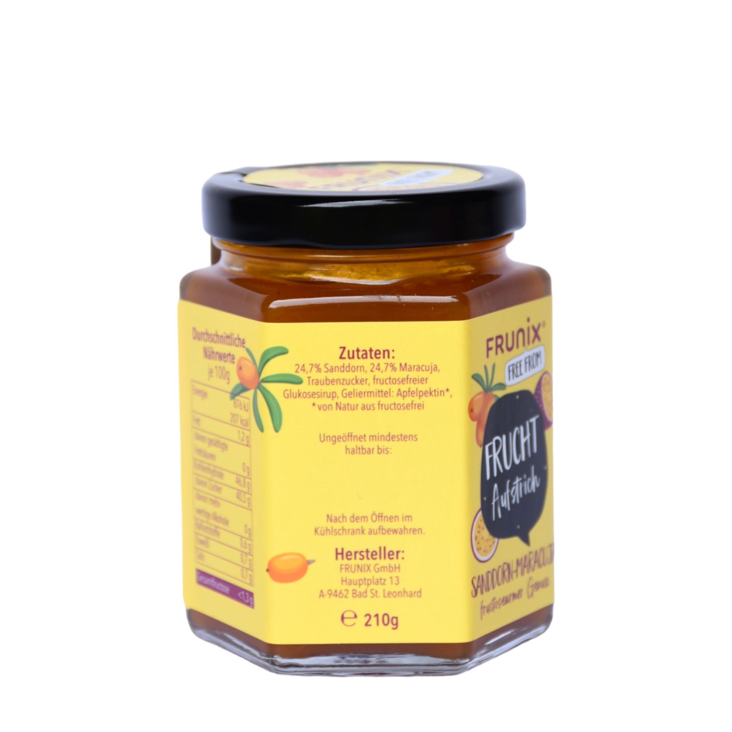 Rückseite des FRUNIX® Fruchtaufstrich-Glases. Etikett mit Zutaten, Nährwerten und Herstellerinformationen.