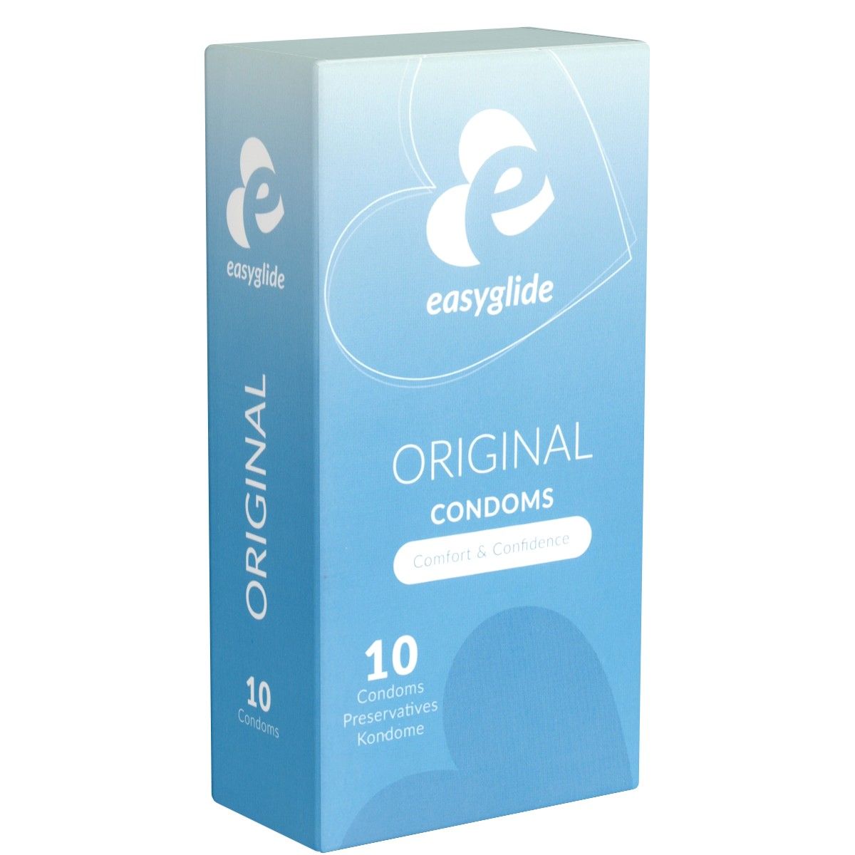 Blaue Schachtel mit Produktinformationen. Aufschrift: "ORIGINAL CONDOMS", "10 Condoms". Marke: easyglide.