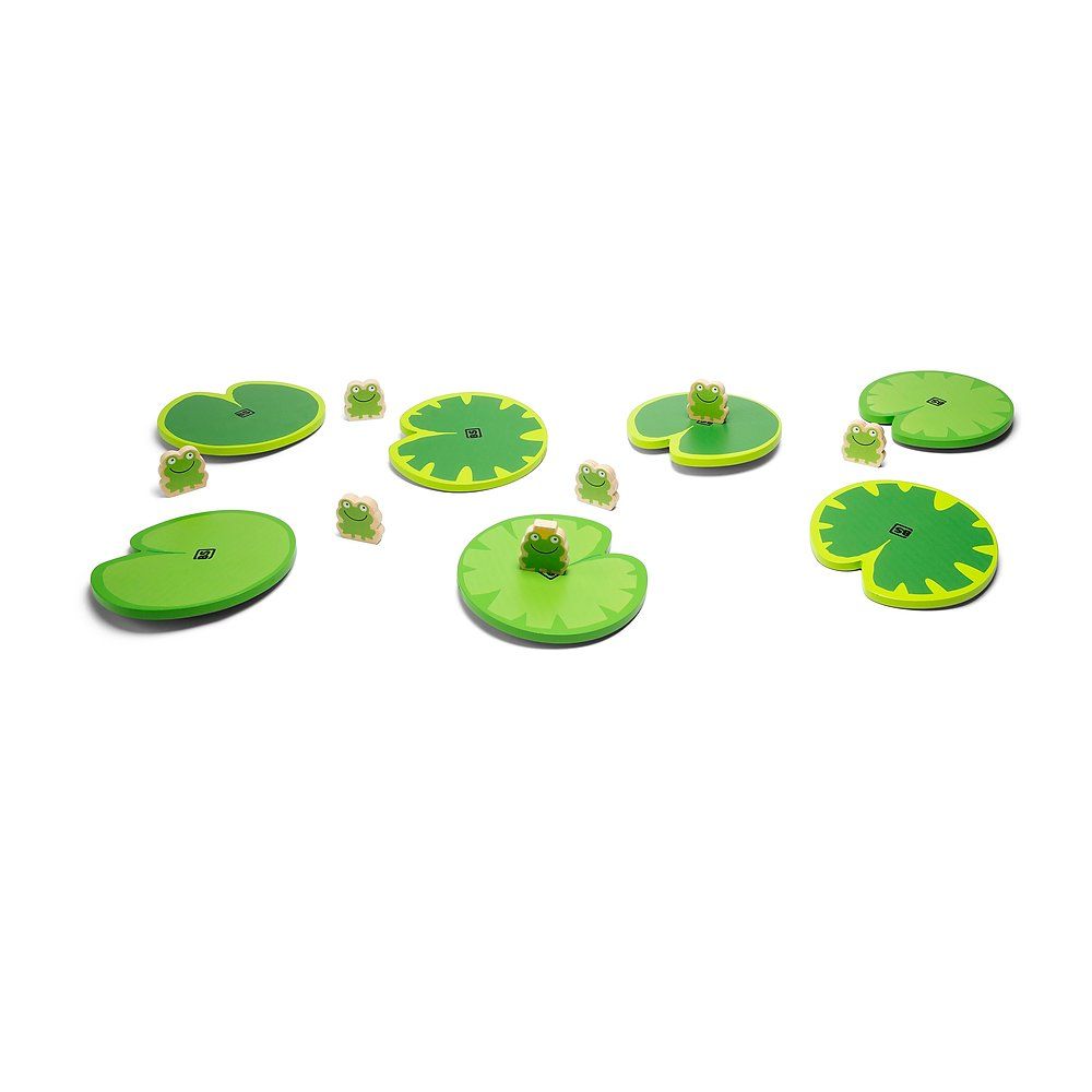 Grüne Seerosenblätter und kleine Froschfiguren. Das Spielzeug ist für Kinder geeignet.