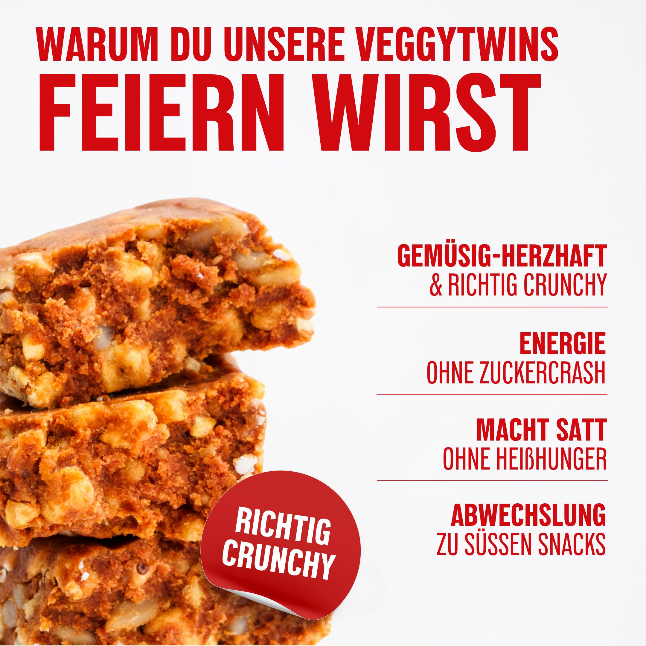 Gemüse-Proteinsnack. Knusprige Textur. Aufschrift: Gemüsig-herzhaft & richtig crunchy, Energie ohne Zuckercrash, macht satt ohne Heißhunger.
