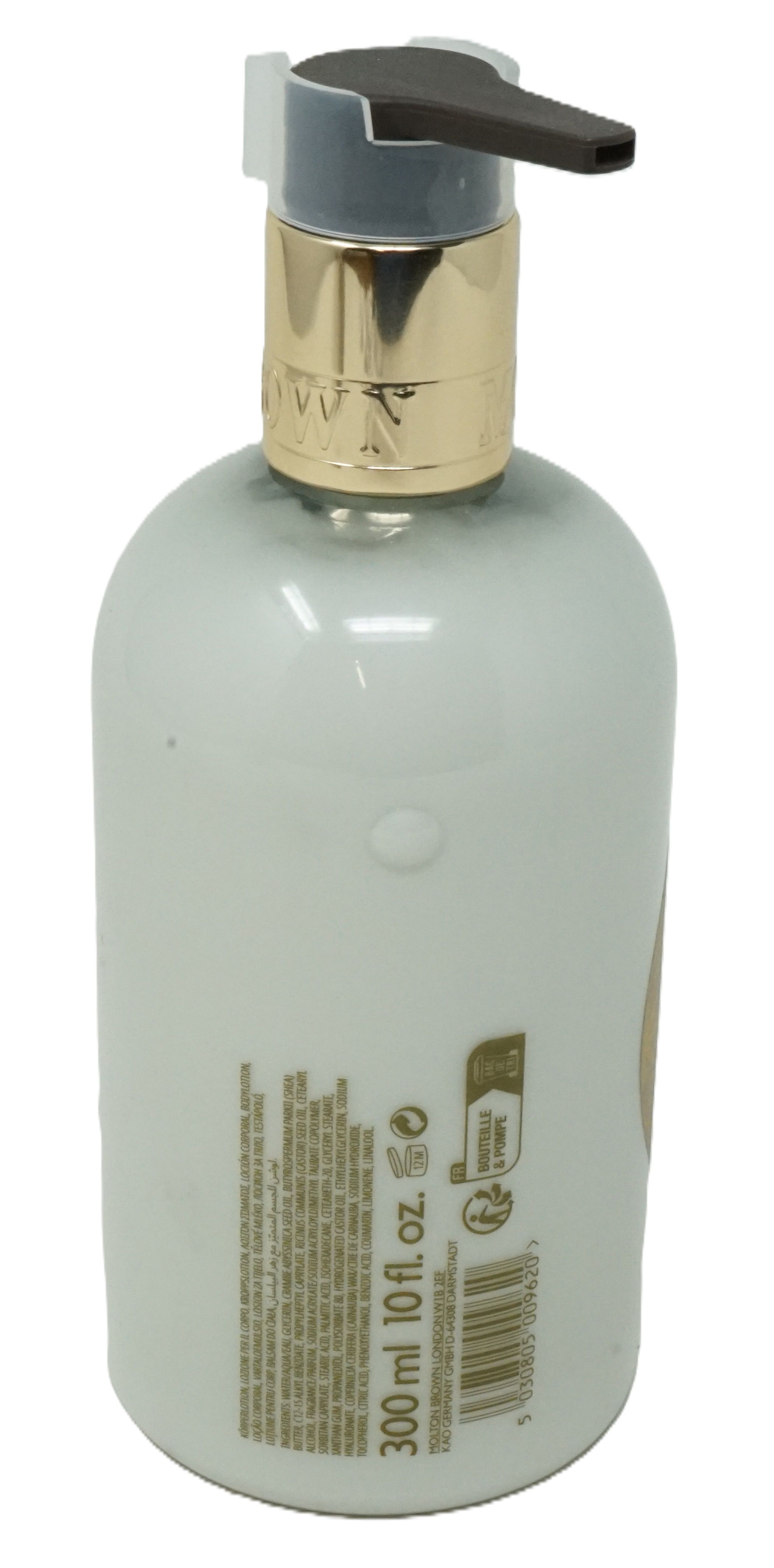 Weiße Flasche mit Dosierpumpe. Aufschrift: 300ml 10 fl. oz. Text in mehreren Sprachen. Recycling-Symbol.