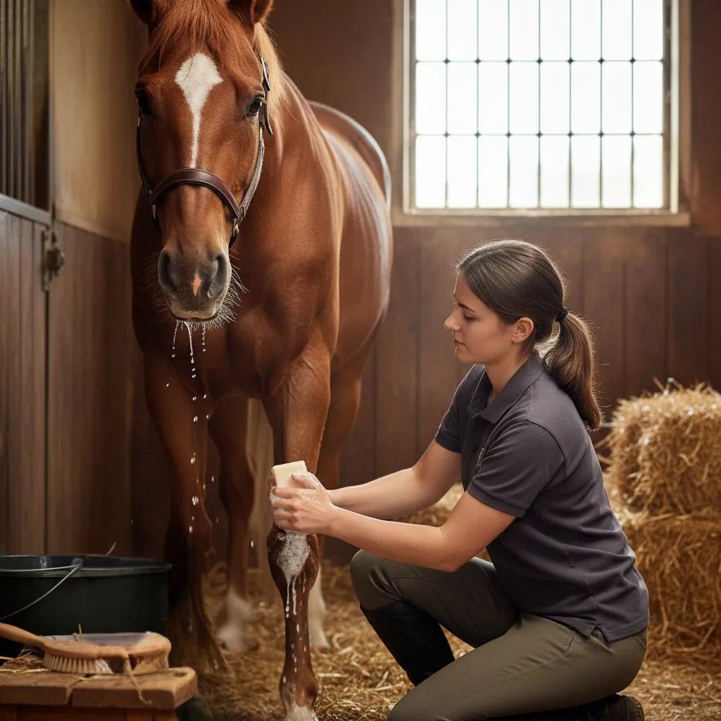 Frau wäscht Bein eines Pferdes mit Seife. Im Hintergrund: Stall, Heu, Eimer, Bürsten.