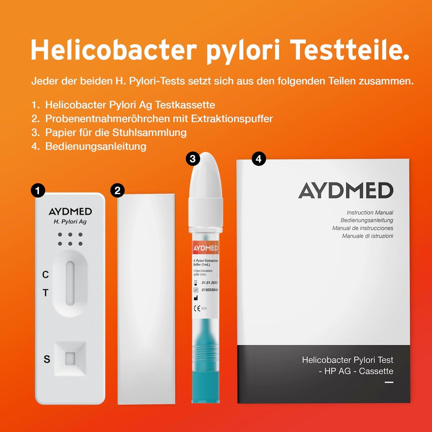 Bestandteile des Helicobacter pylori Tests: Testkassette, Probenentnahmeröhrchen, Papier, Anleitung. Aufschrift AYDMED.