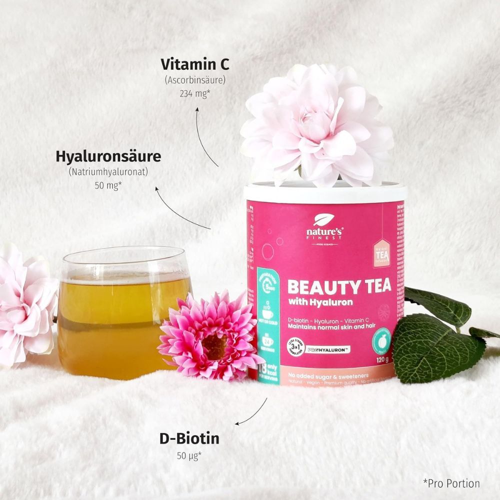 Dose Nature's Finest Beauty Tea mit Hyaluron, mit Pfeilen zu Hyaluronsäure, Vitamin C und D-Biotin.