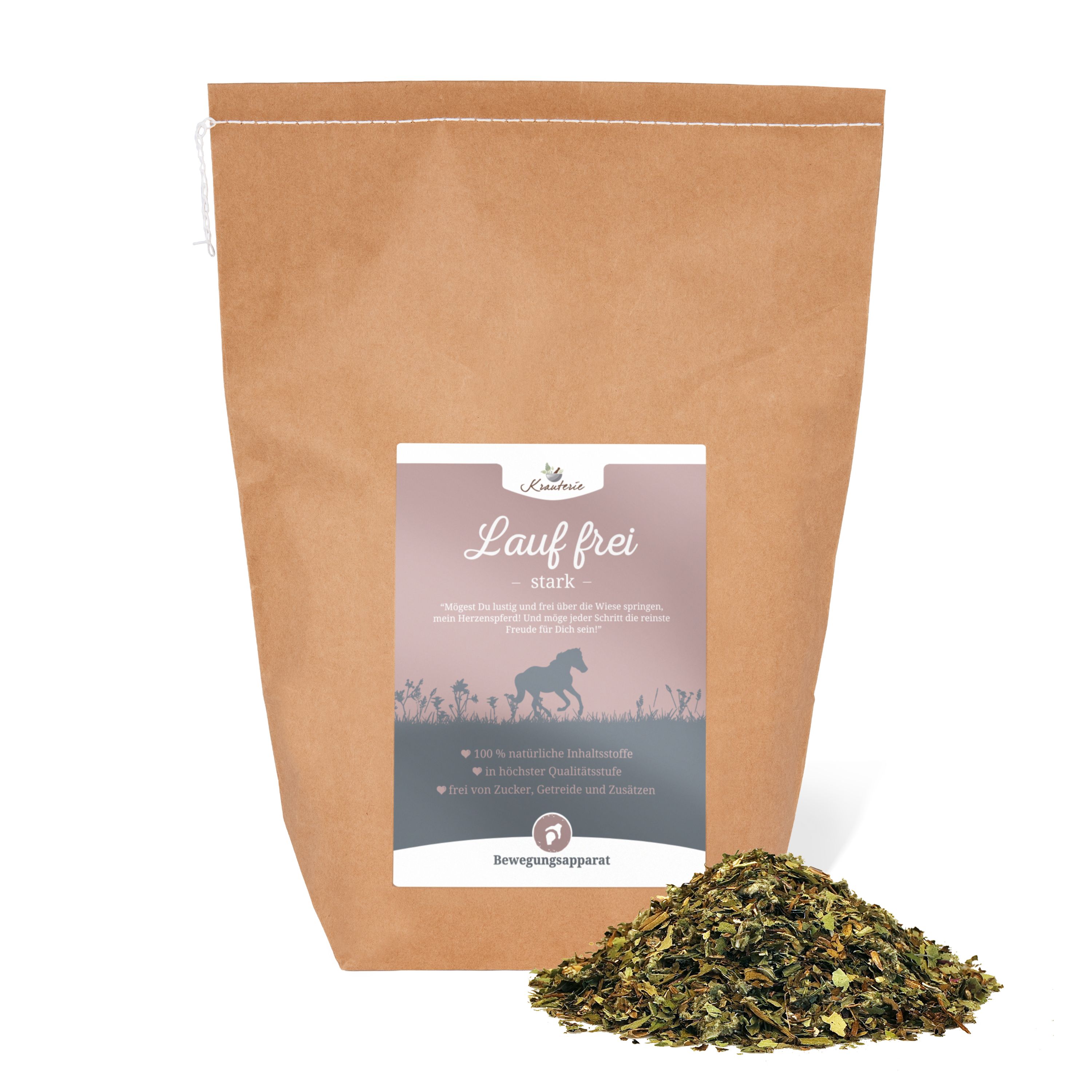 Brauner Papiersack mit Etikett. Etikett mit Produktname, Logo und Text. Kräutermischung vor dem Sack.