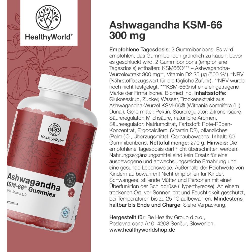 Flasche Ashwagandha KSM-66 Gummies, 60 Gummibärchen. Aufschrift: 300 mg. Detaillierte Produktinformationen.