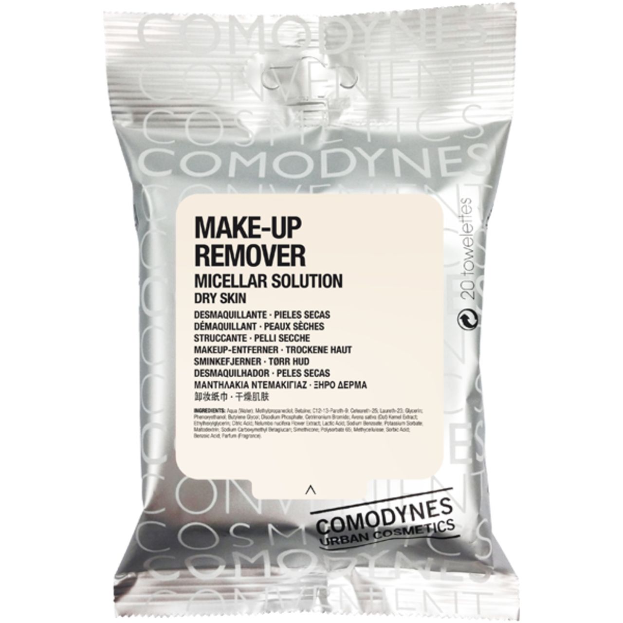 Silberne Verpackung mit Produktinformationen. Aufschrift: Make-Up Remover Micellar Solution Dry Skin. Marke: Comodynes.