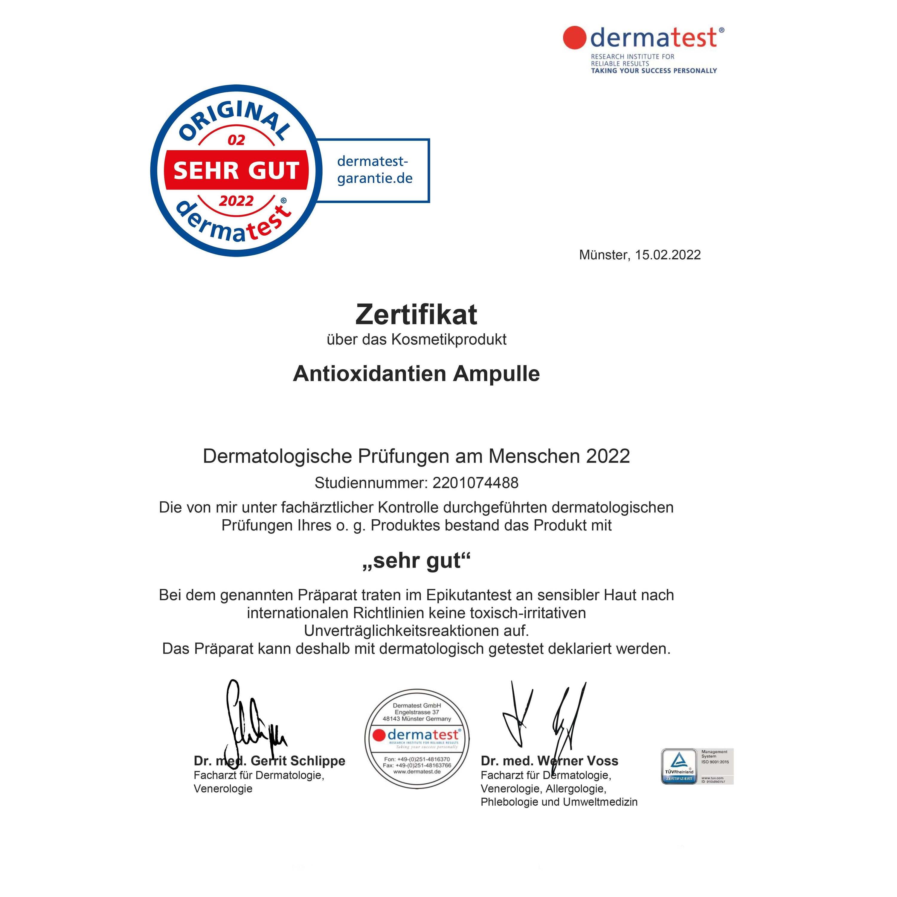 Zertifikat mit Text und Logos. Aufschrift: Antioxidantien Ampulle. Siegel: ORIGINAL SEHR GUT dermatest.