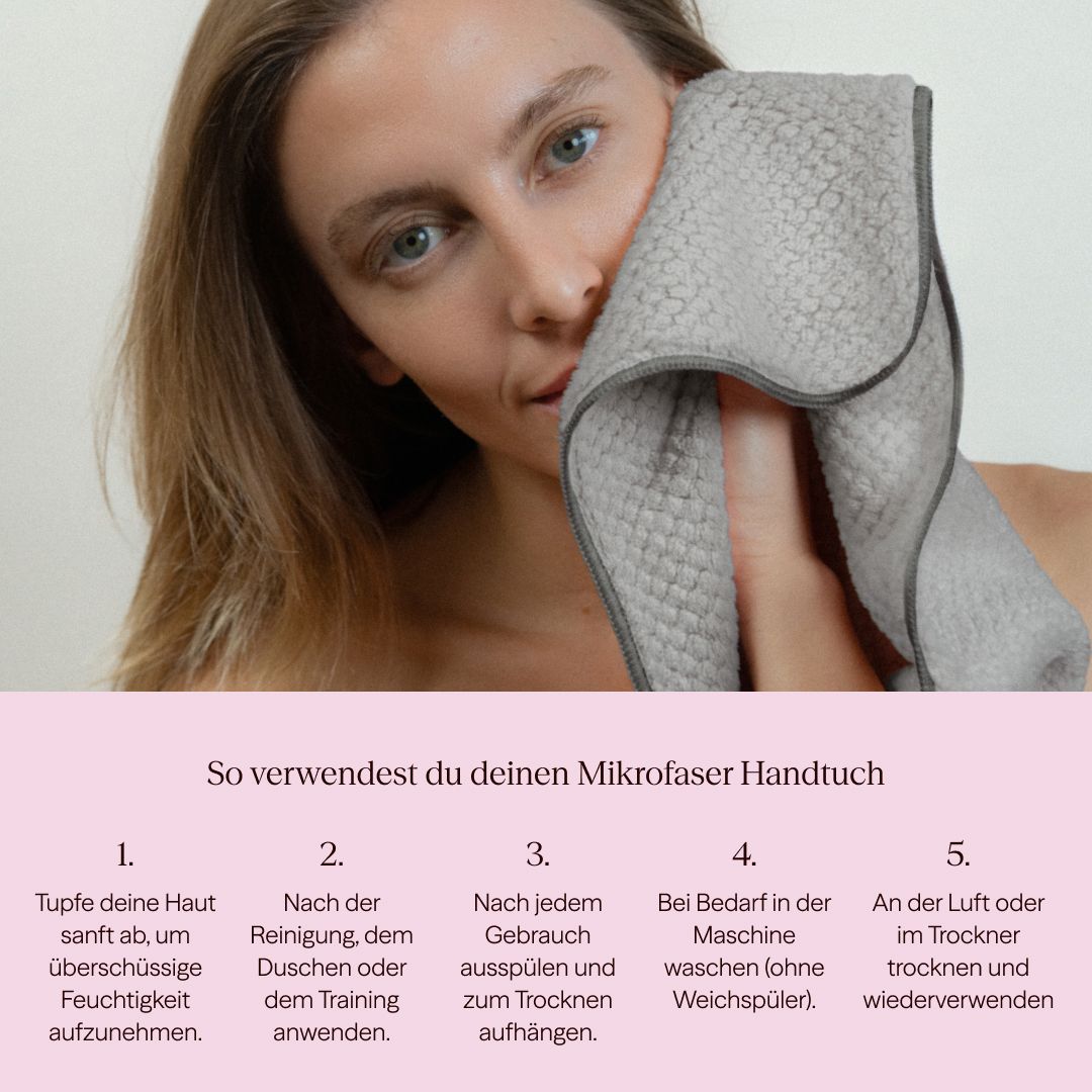Frau verwendet graues Mikrofasertuch. Text: So verwendest du deinen Mikrofasertuch. Schritte 1-5.