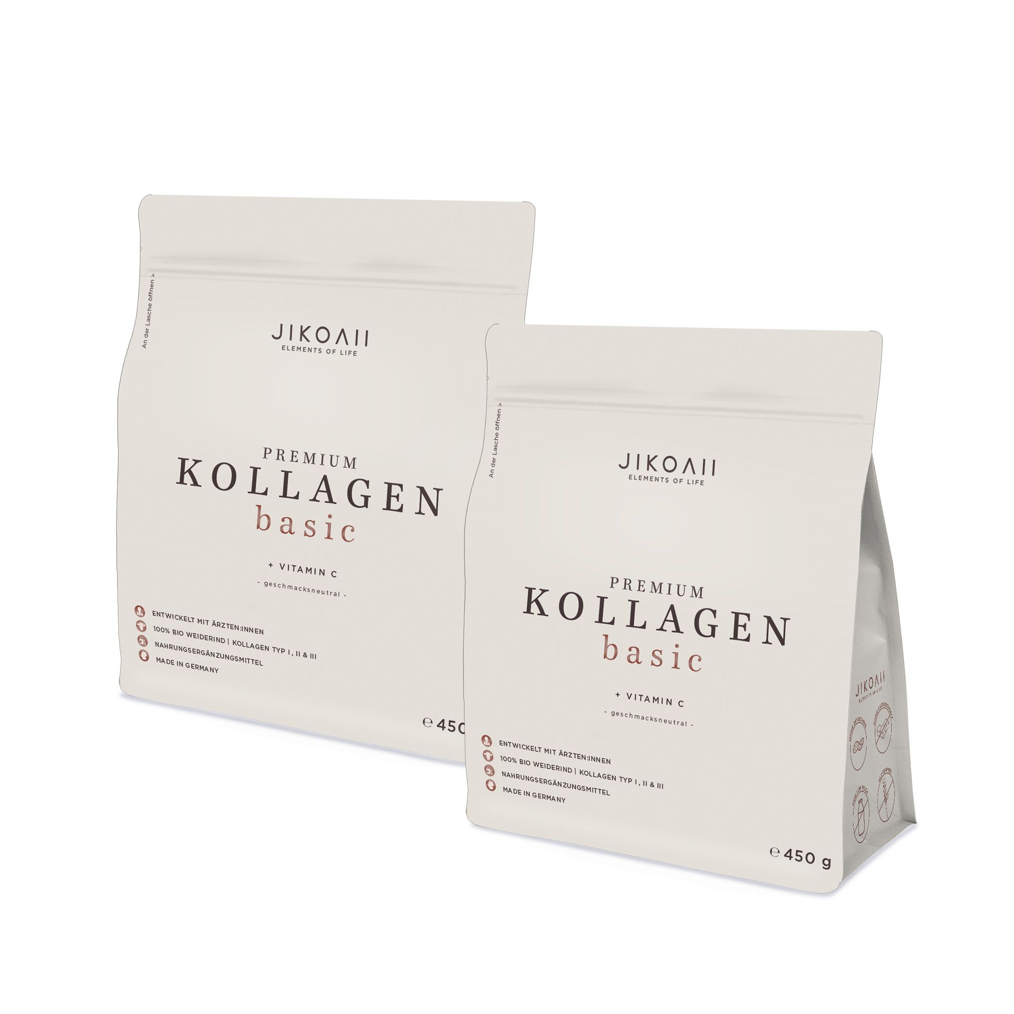 Zwei Beutel JIKOAII Kollagen Pulver. Weißes Papier, schwarzer Aufdruck. Aufschrift: Premium Kollagen Basic + Vitamin C.