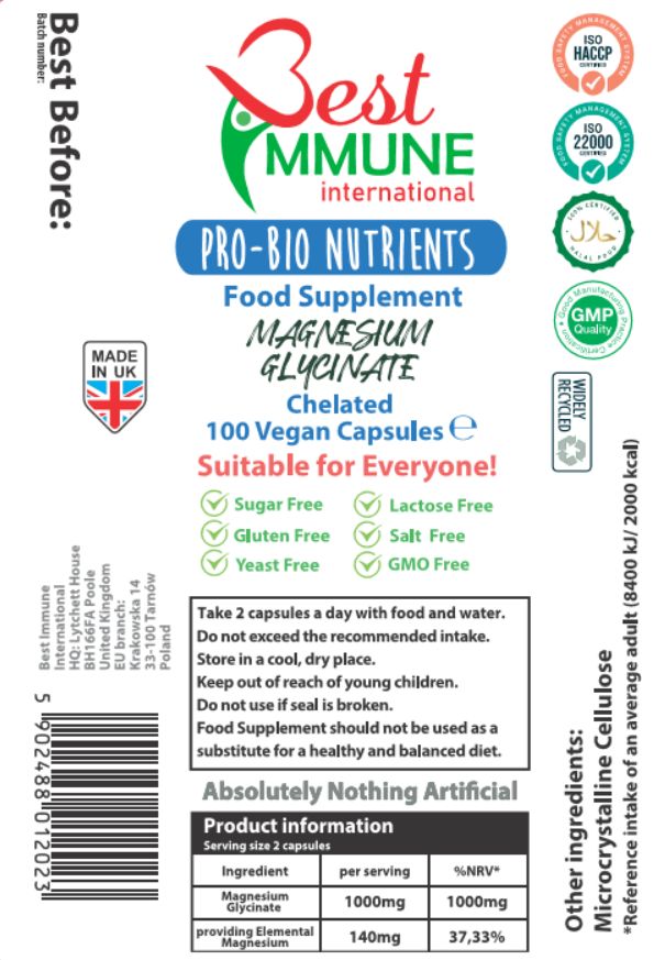 Etikett mit Informationen zu Magnesiumglycinat-Kapseln. Text: Best Immune, 100 vegane Kapseln. Zertifizierungen: ISO, GMP, Halal.