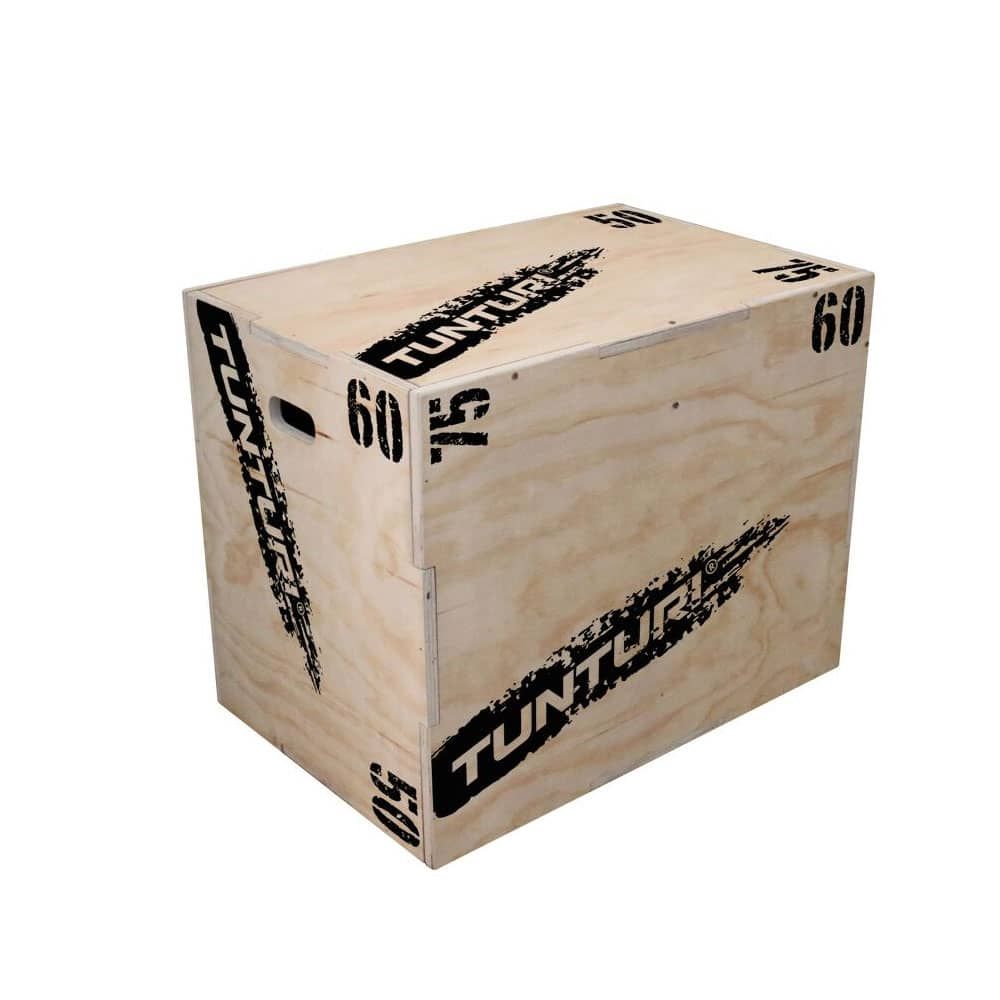 Holz-Plyo-Box. Eckige Box mit abgerundeten Kanten. Aufgedrucktes Tunturi-Logo und Größenangaben: 50, 60, 75.