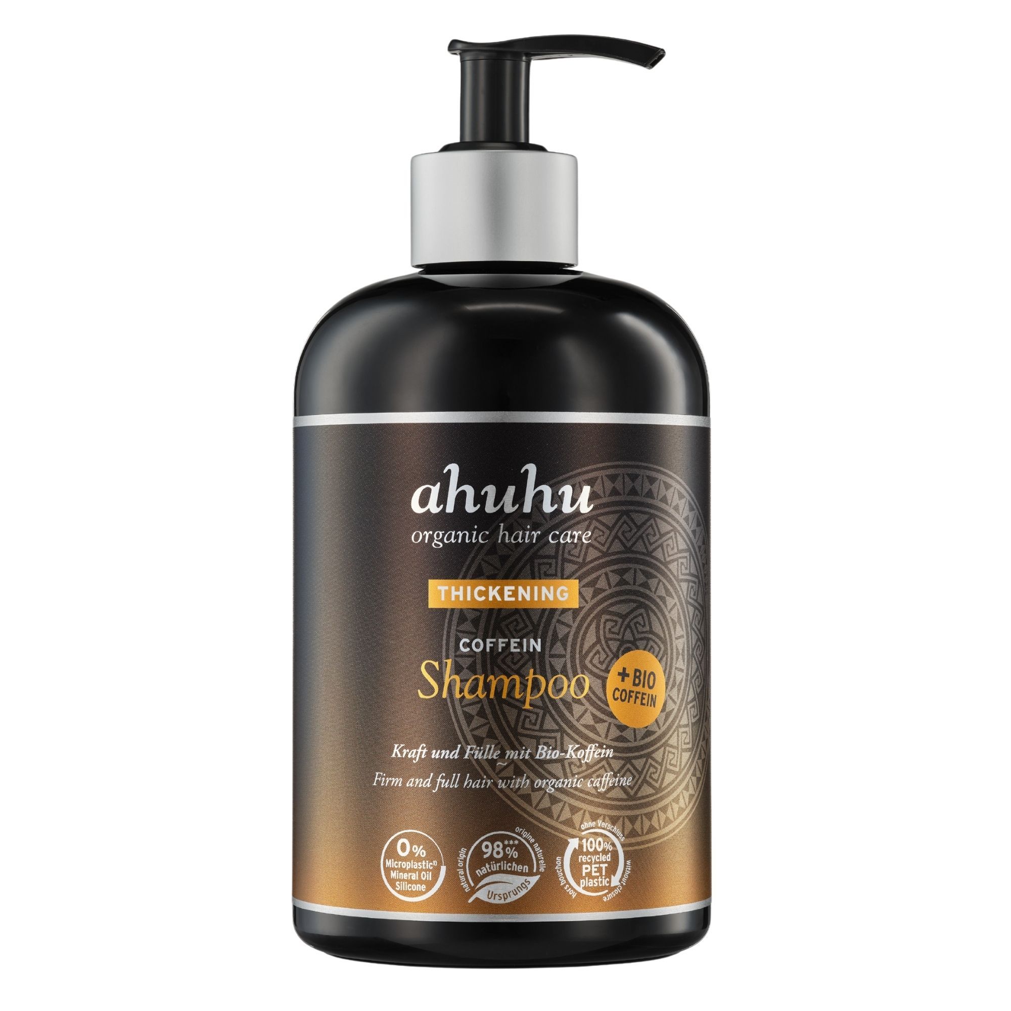 Schwarze Shampoo-Flasche mit Pumpe. Aufschrift: ahuhu organic hair care, Thickening Coffein Shampoo. Mit Bio-Koffein. Siegel: 0% Silikone, 98% natürliche Inhaltsstoffe, 100% recyceltes PET.