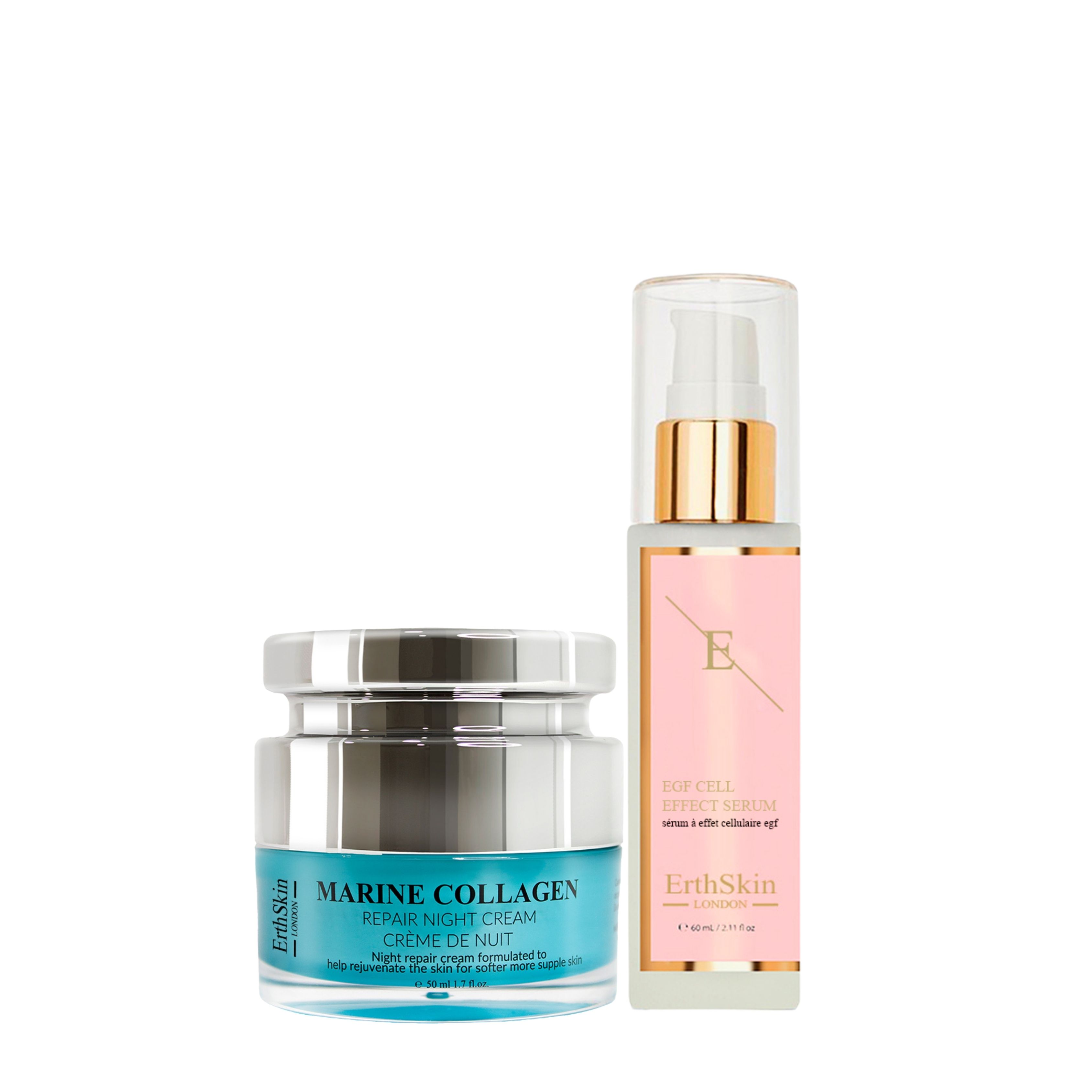 Zwei Kosmetikprodukte: Creme-Tiegel und Serum-Flasche. Aufschrift: Marine Collagen Repair Night Cream und EGF CELL EFFECT Serum. Marke: ErthSkin London.