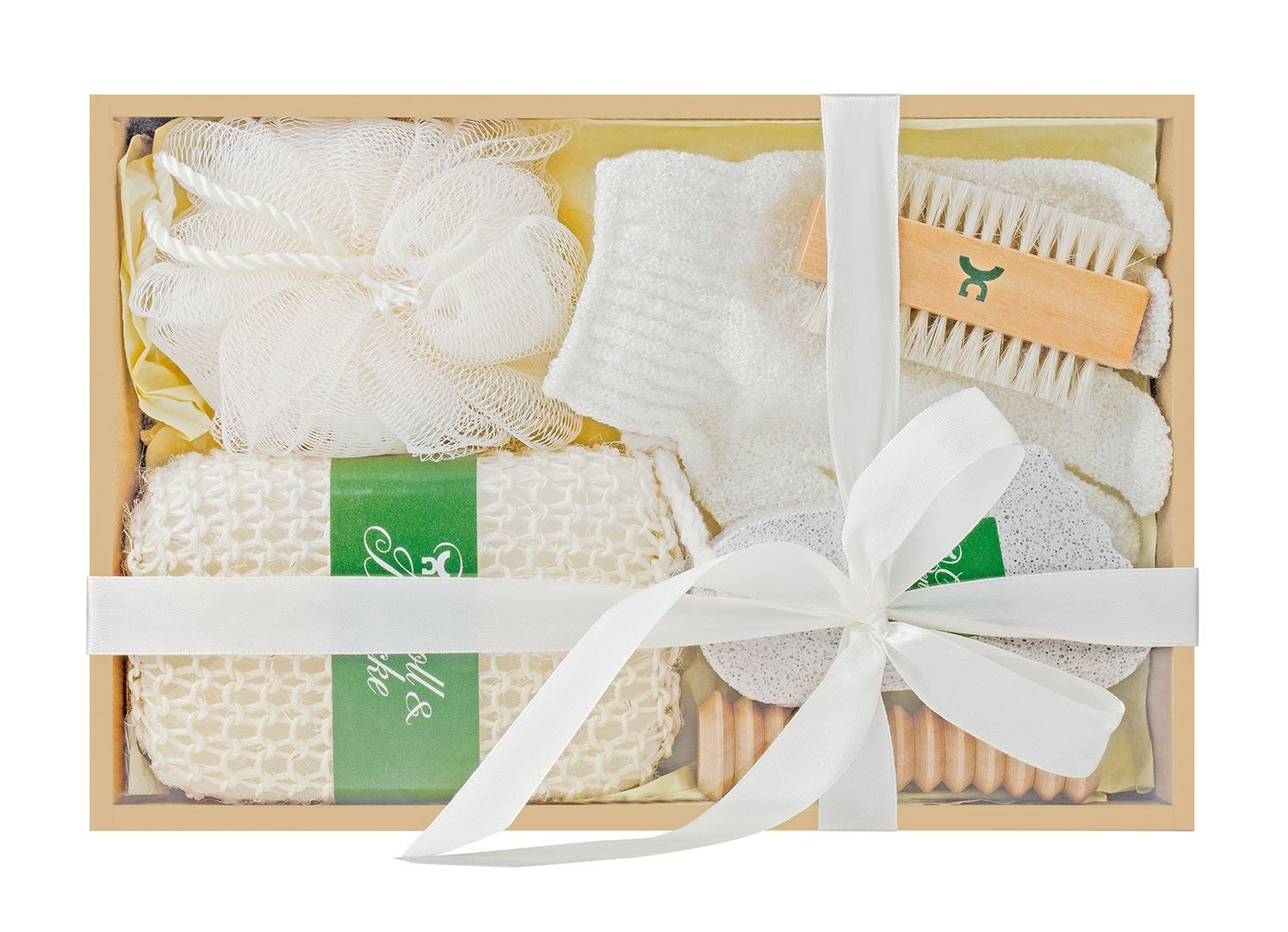 Geschenkset SPA: Enthält eine Bürste, einen Bimsstein, einen Netzwaschhandschuh, einen Luffa-Schwamm und ein Paar Socken in einer Holzbox.