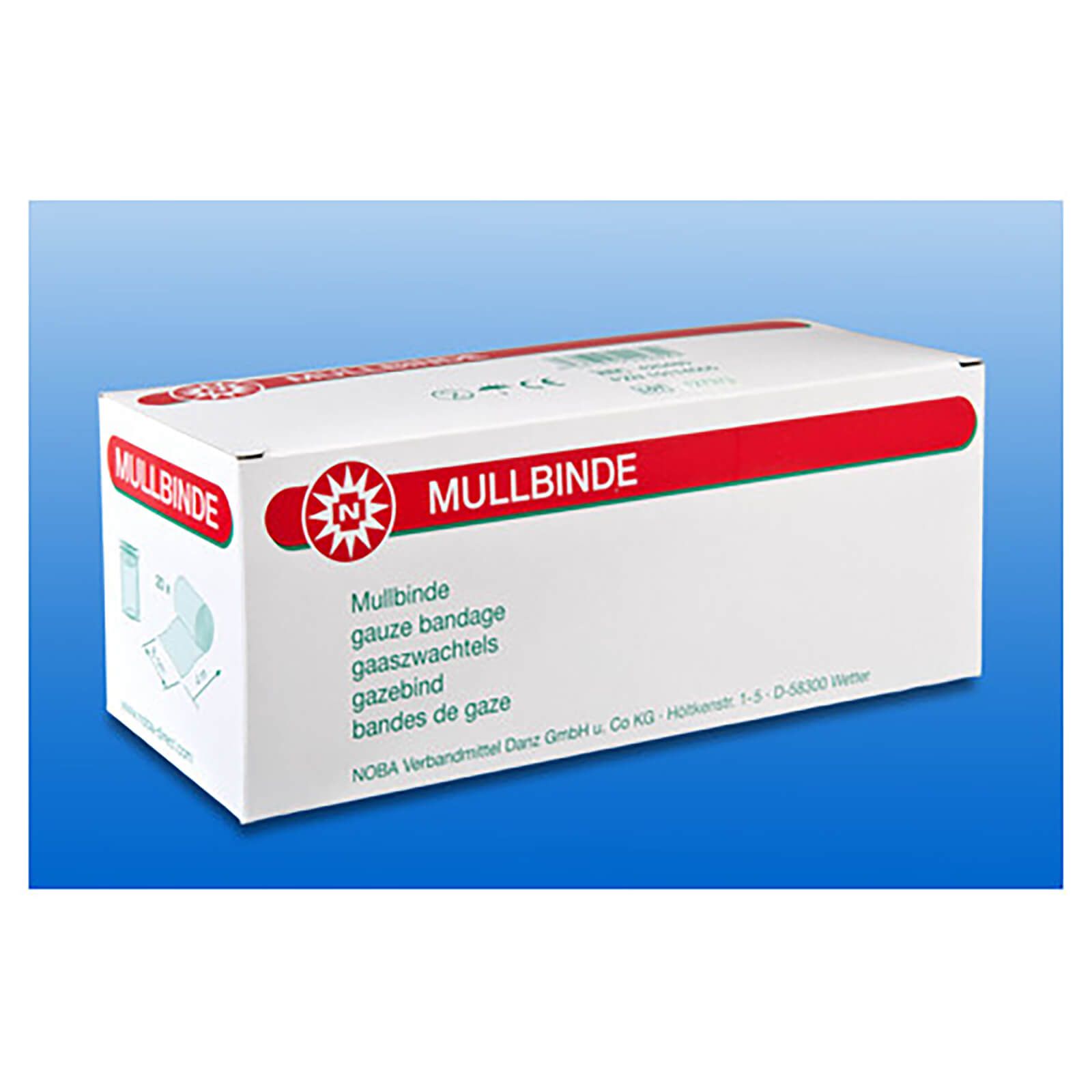 Weiße Kartonverpackung mit roter Schrift: MULLBINDE. Aufschrift: Mullbinde, gauze bandage, gazebindels, bandes de gaze.