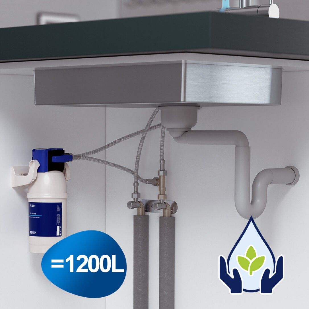 Filteranlage unter Spüle montiert. Filtergehäuse mit blauer Beschriftung. Wasserleitungen und Abwasserrohr.
