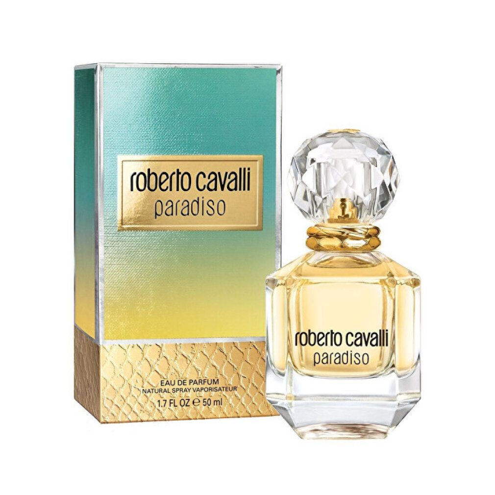 Flakon und Schachtel von Roberto Cavalli Paradiso Eau de Parfum. Flakon mit Kristallverschluss. Schachtel mit Produktnamen.