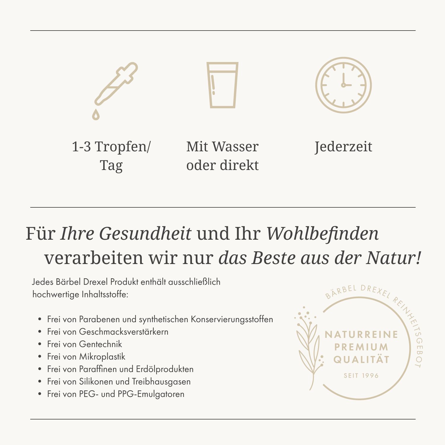Infografik mit Piktogrammen: Tropfer, Glas, Uhr. Text: 1-3 Tropfen/Tag, Mit Wasser oder direkt, Jederzeit. Text über Naturreine Qualität.